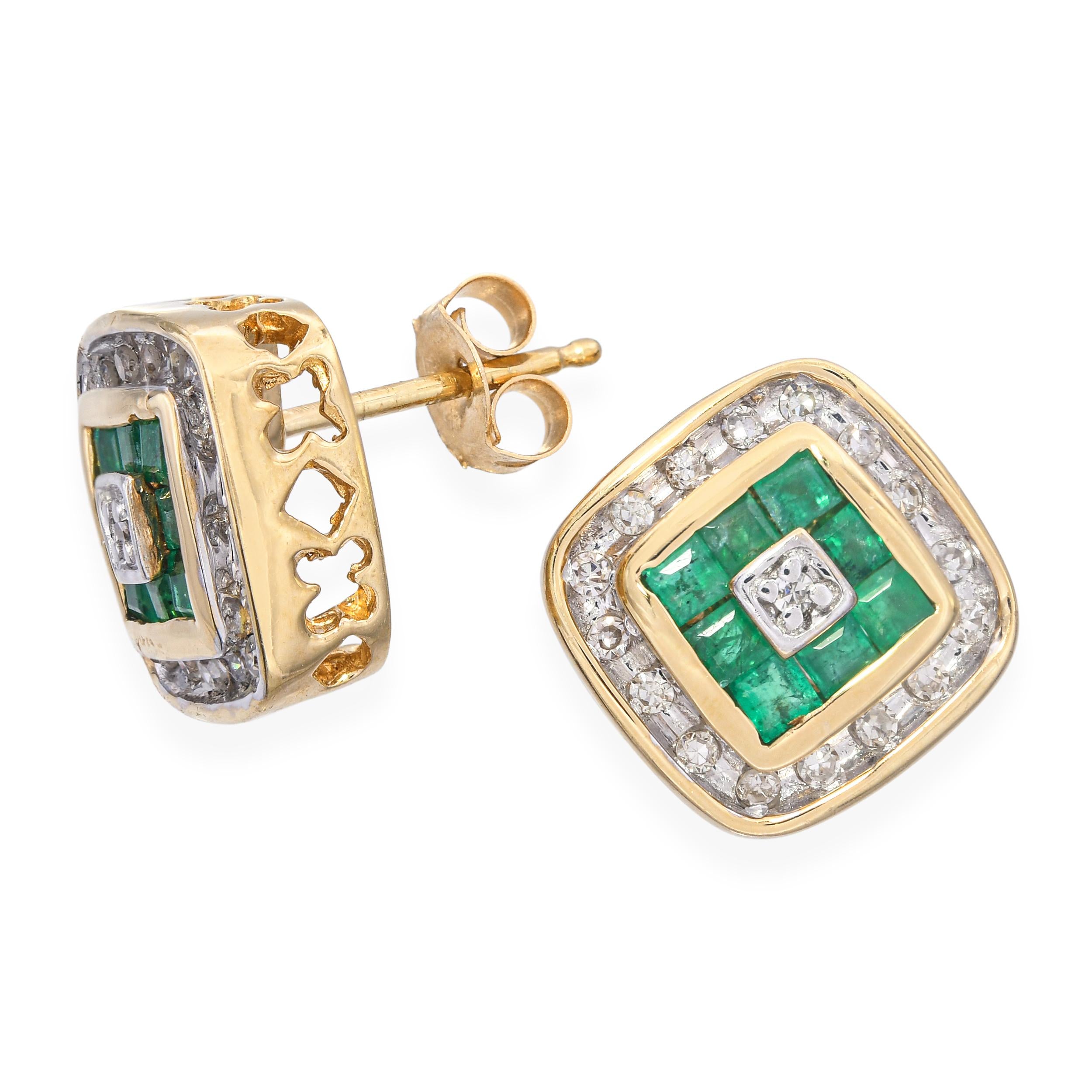 14k Yellow Gold Princess Cut Emerald and Diamond Stud Earrings