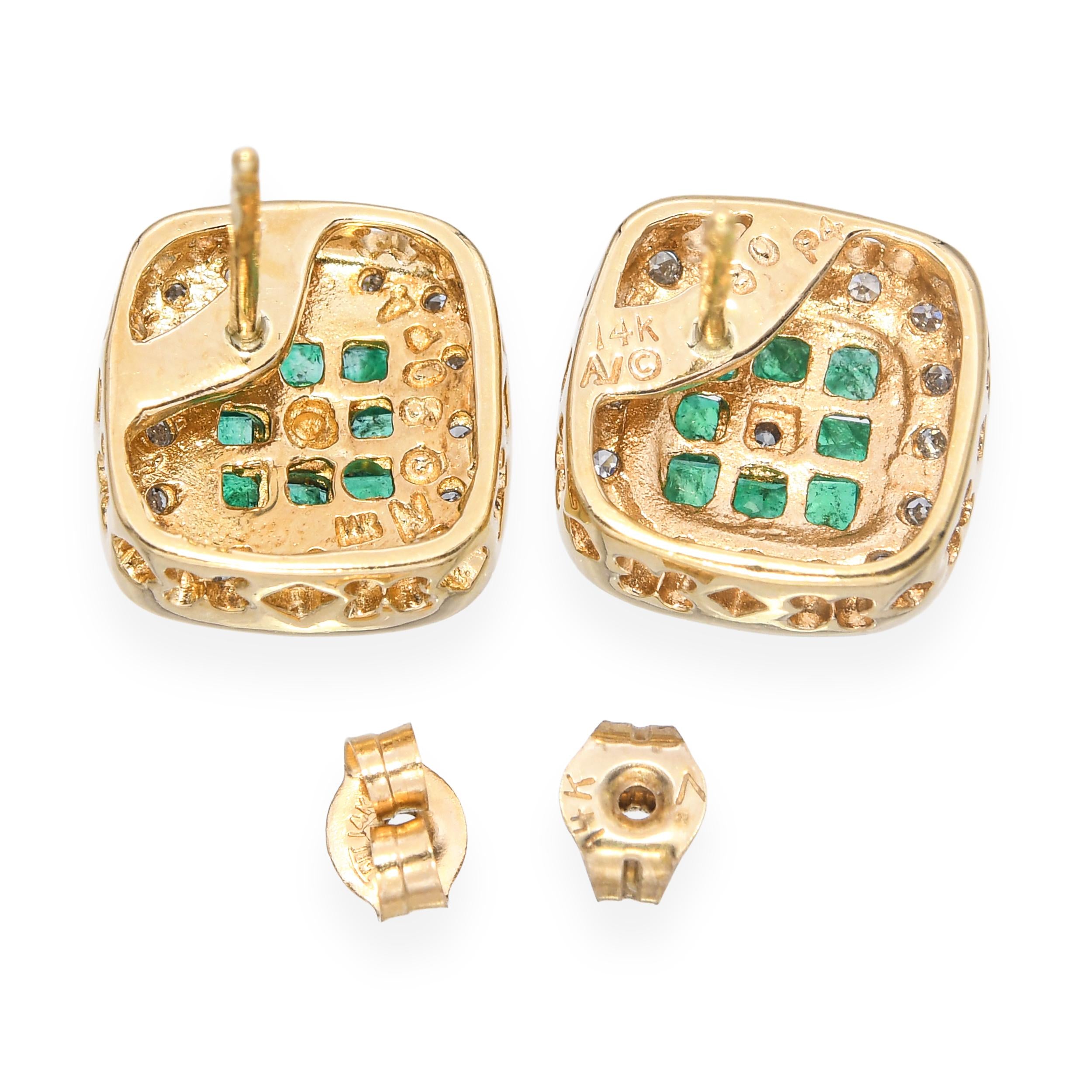14k Yellow Gold Princess Cut Emerald and Diamond Stud Earrings