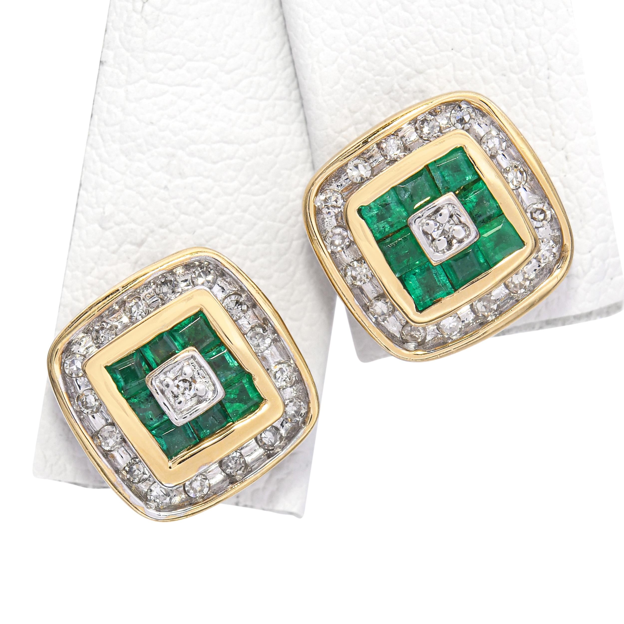 14k Yellow Gold Princess Cut Emerald and Diamond Stud Earrings