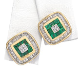14k Yellow Gold Princess Cut Emerald and Diamond Stud Earrings