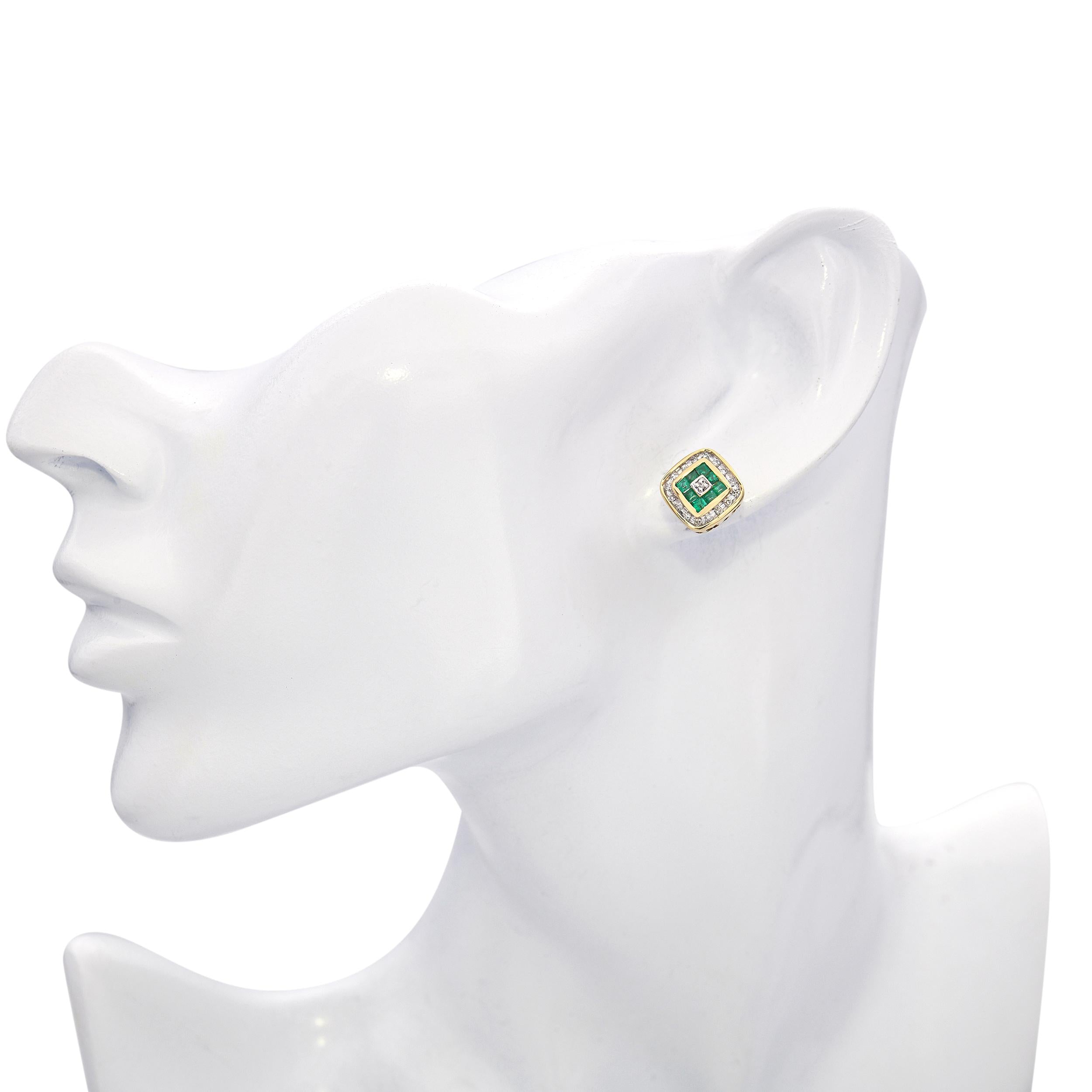 14k Yellow Gold Princess Cut Emerald and Diamond Stud Earrings