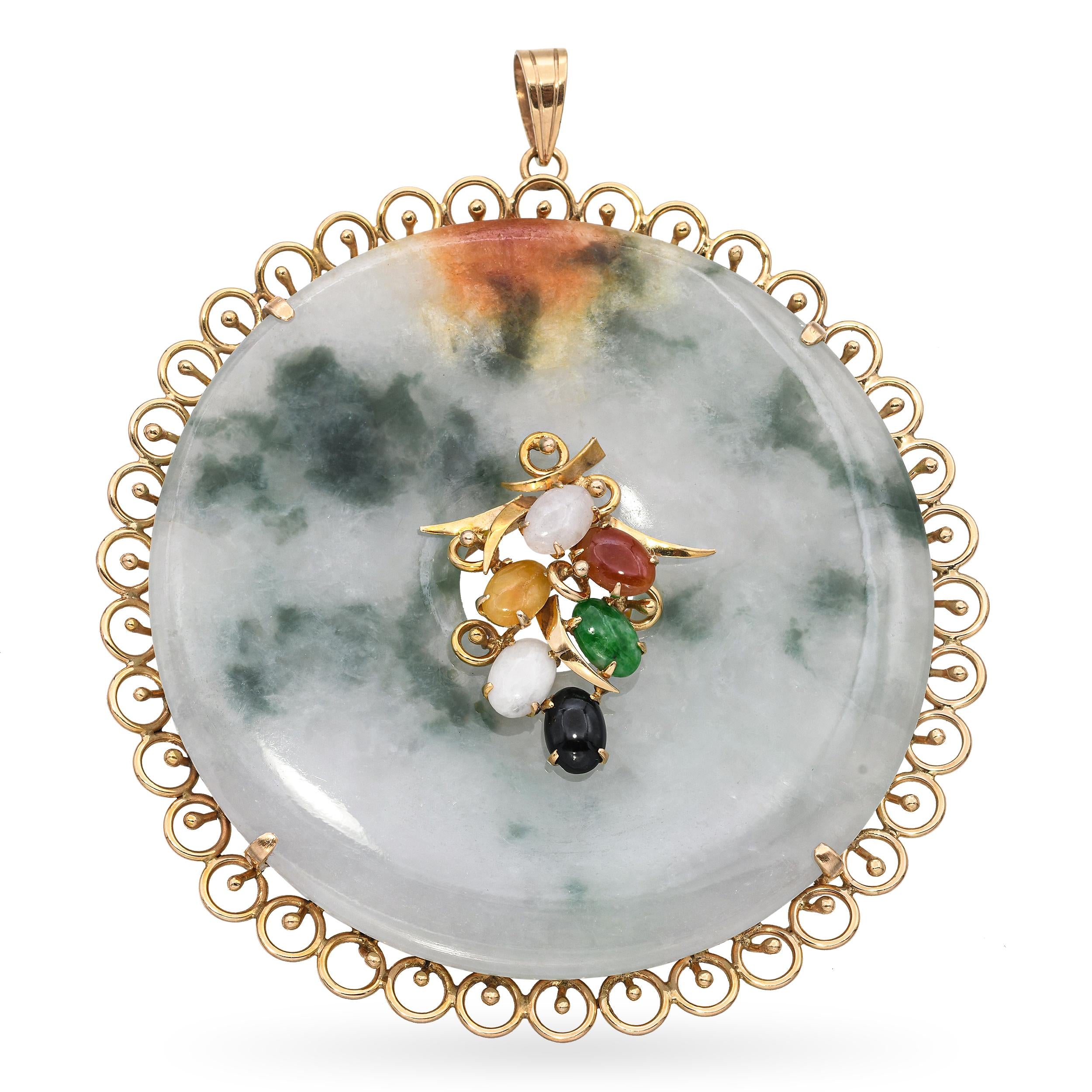 Vintage 14k Yellow Gold Multicolored Jade Donut Filigree Pendant