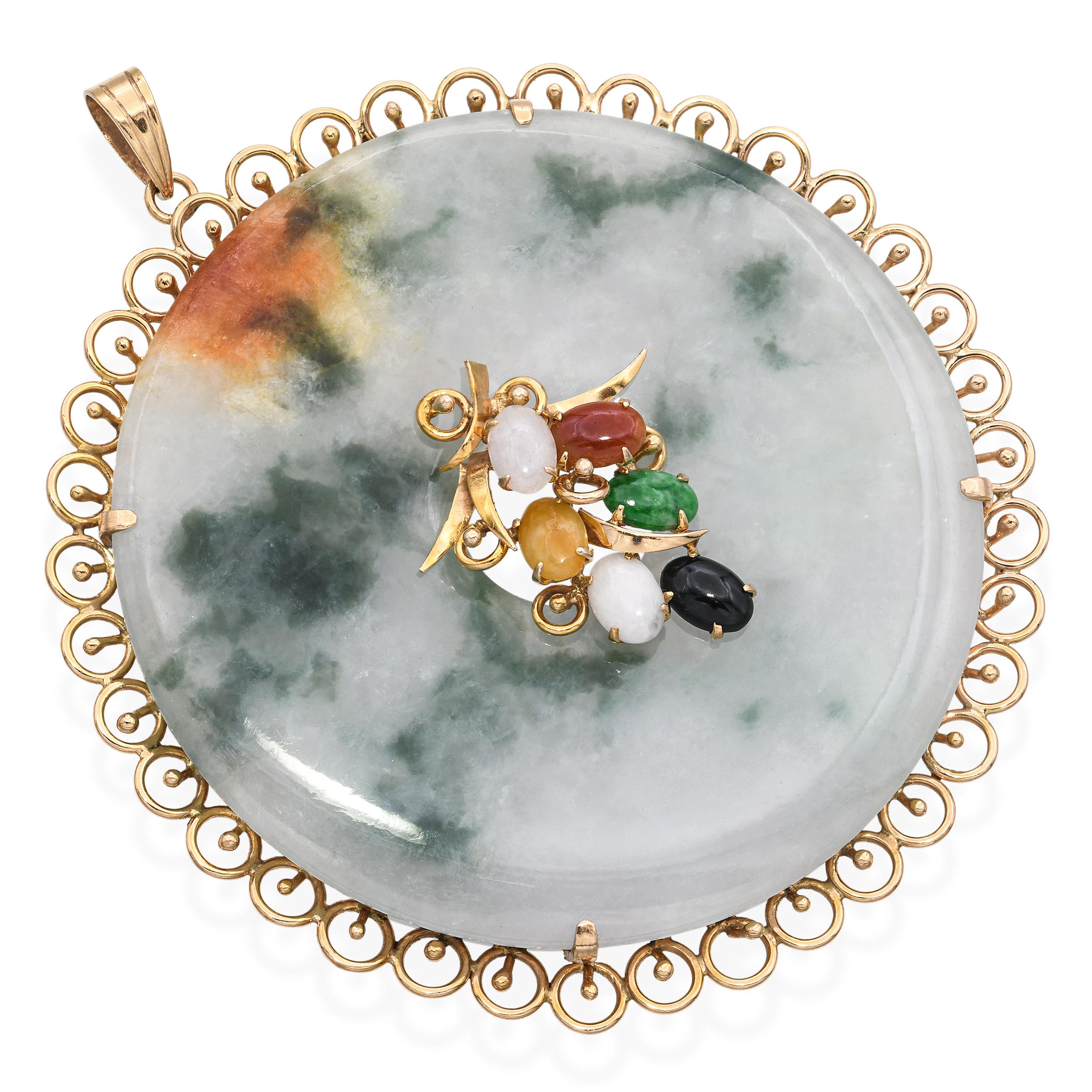 Vintage 14k Yellow Gold Multicolored Jade Donut Filigree Pendant
