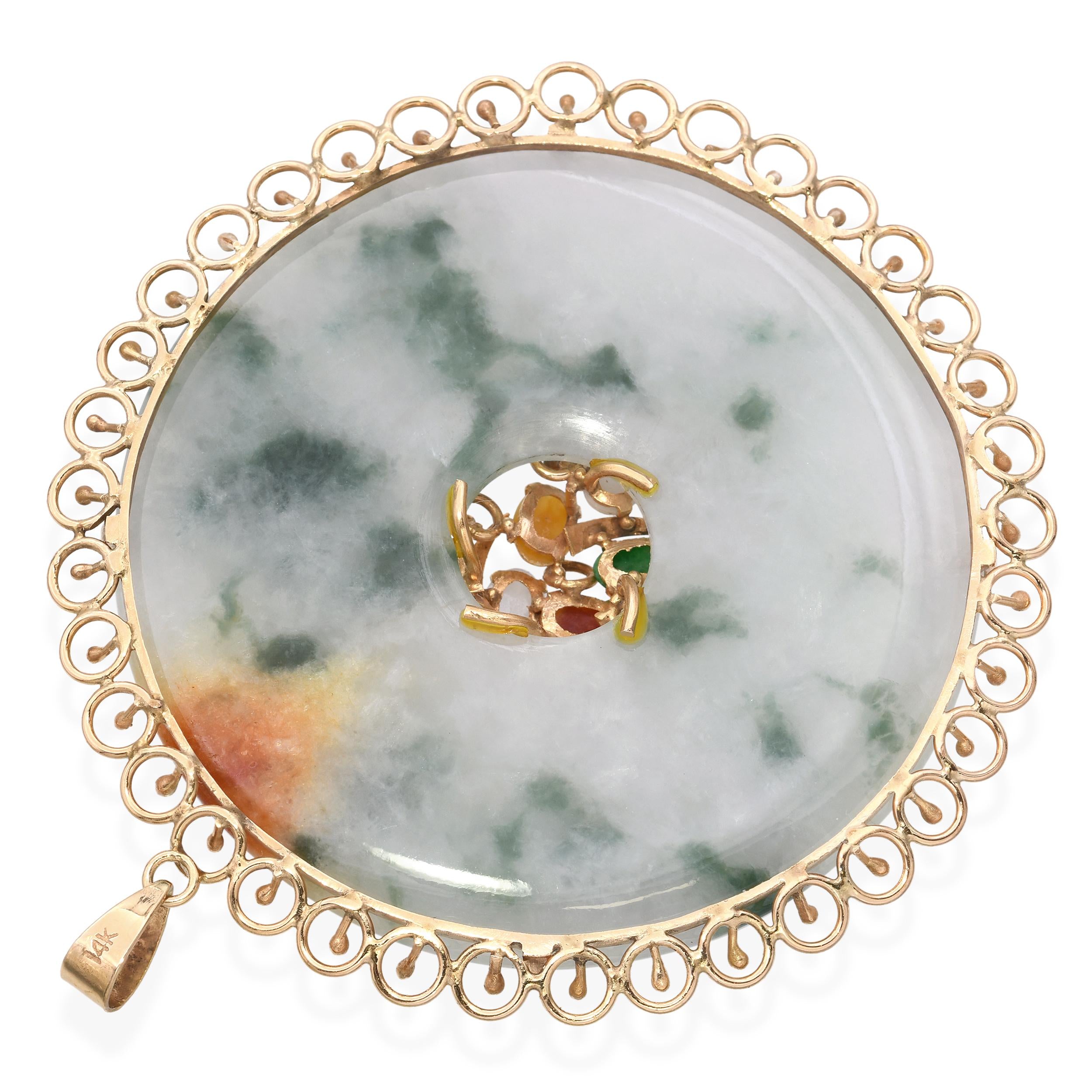 Vintage 14k Yellow Gold Multicolored Jade Donut Filigree Pendant