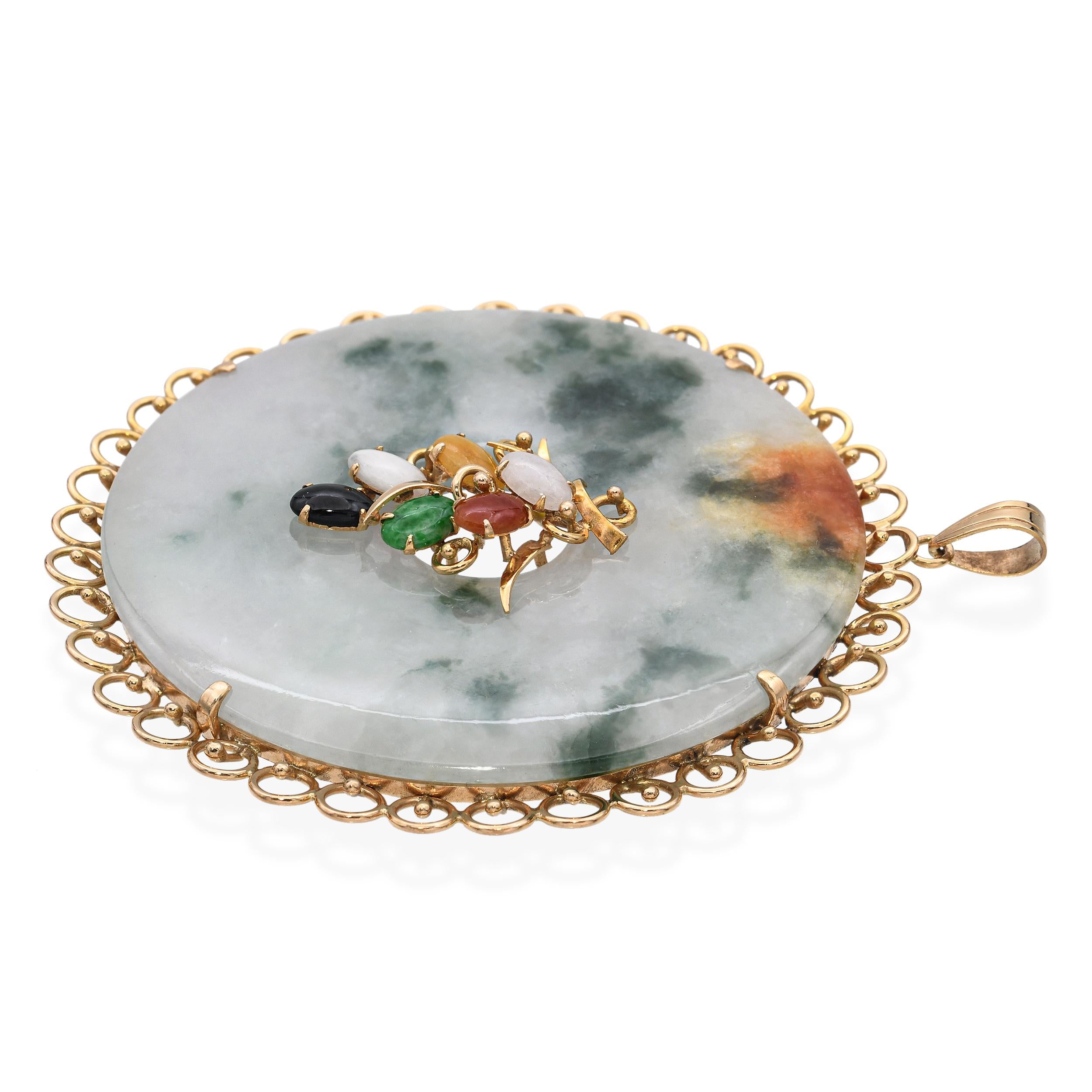 Vintage 14k Yellow Gold Multicolored Jade Donut Filigree Pendant