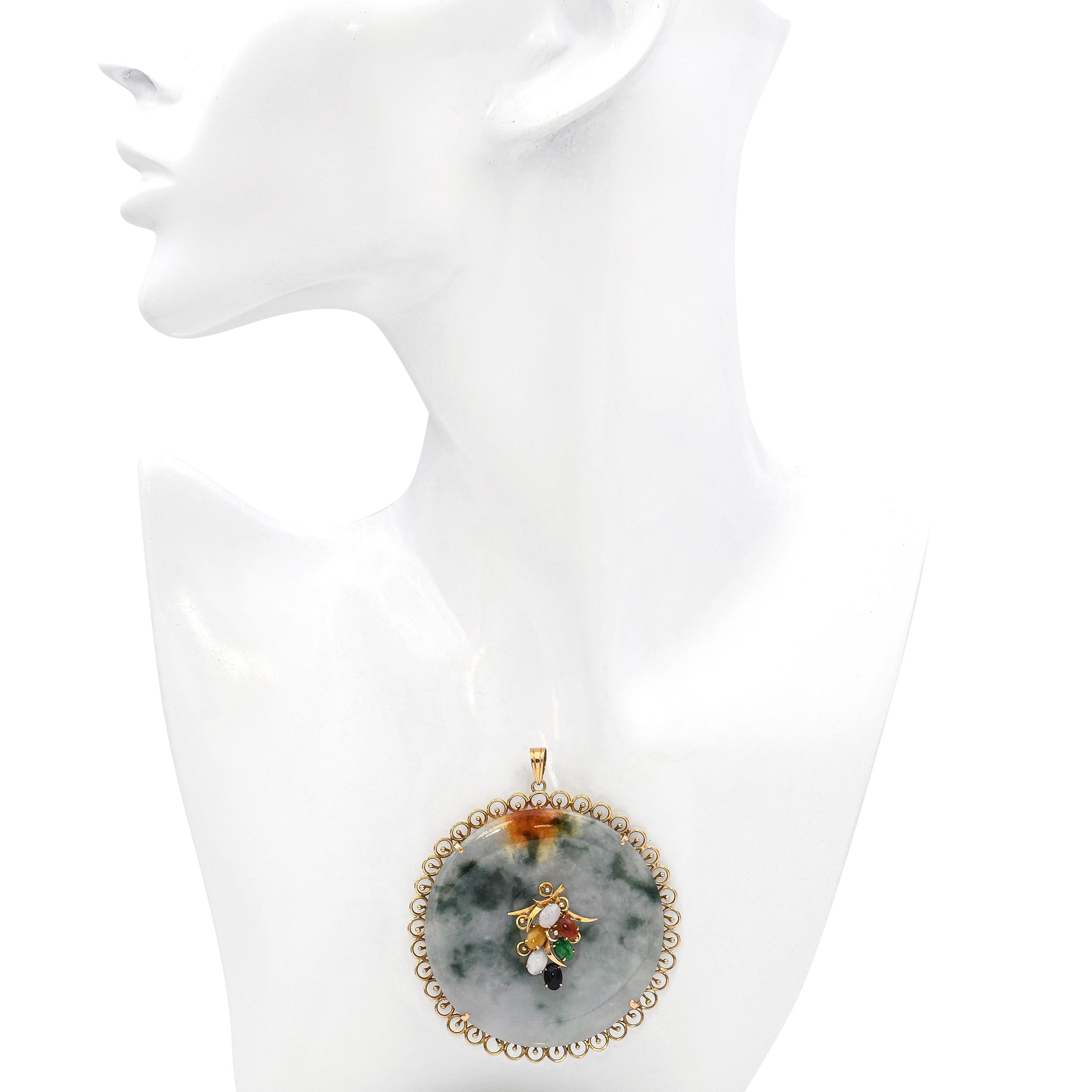 Vintage 14k Yellow Gold Multicolored Jade Donut Filigree Pendant