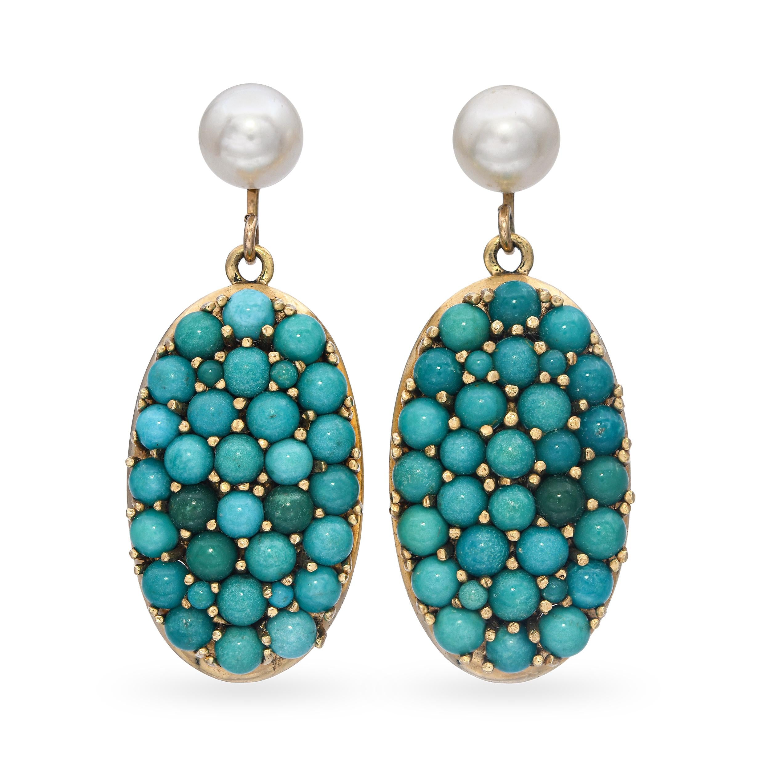 Vintage 14k Yellow Gold Turquoise and Pearl Drop Earrings