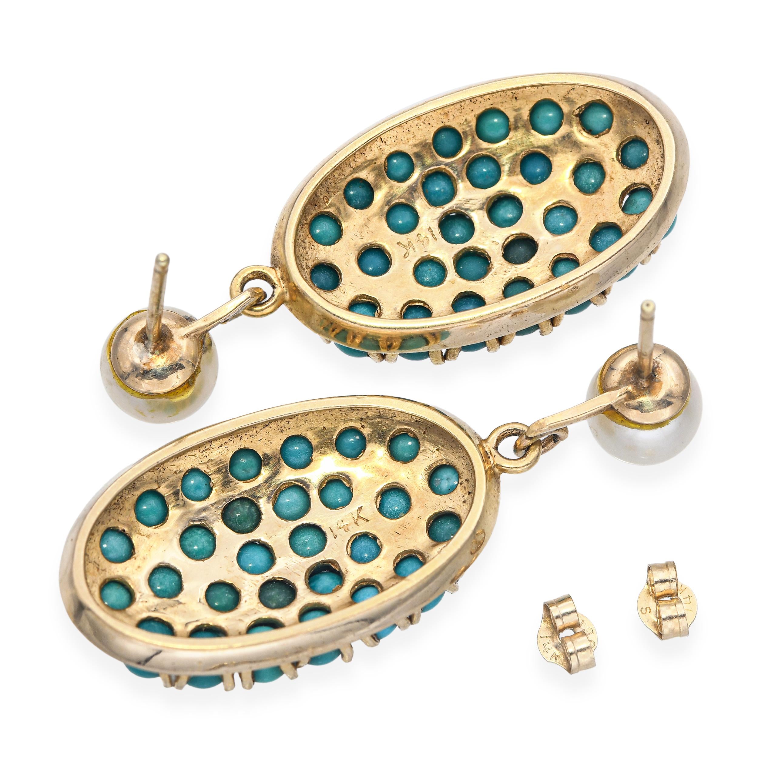 Vintage 14k Yellow Gold Turquoise and Pearl Drop Earrings