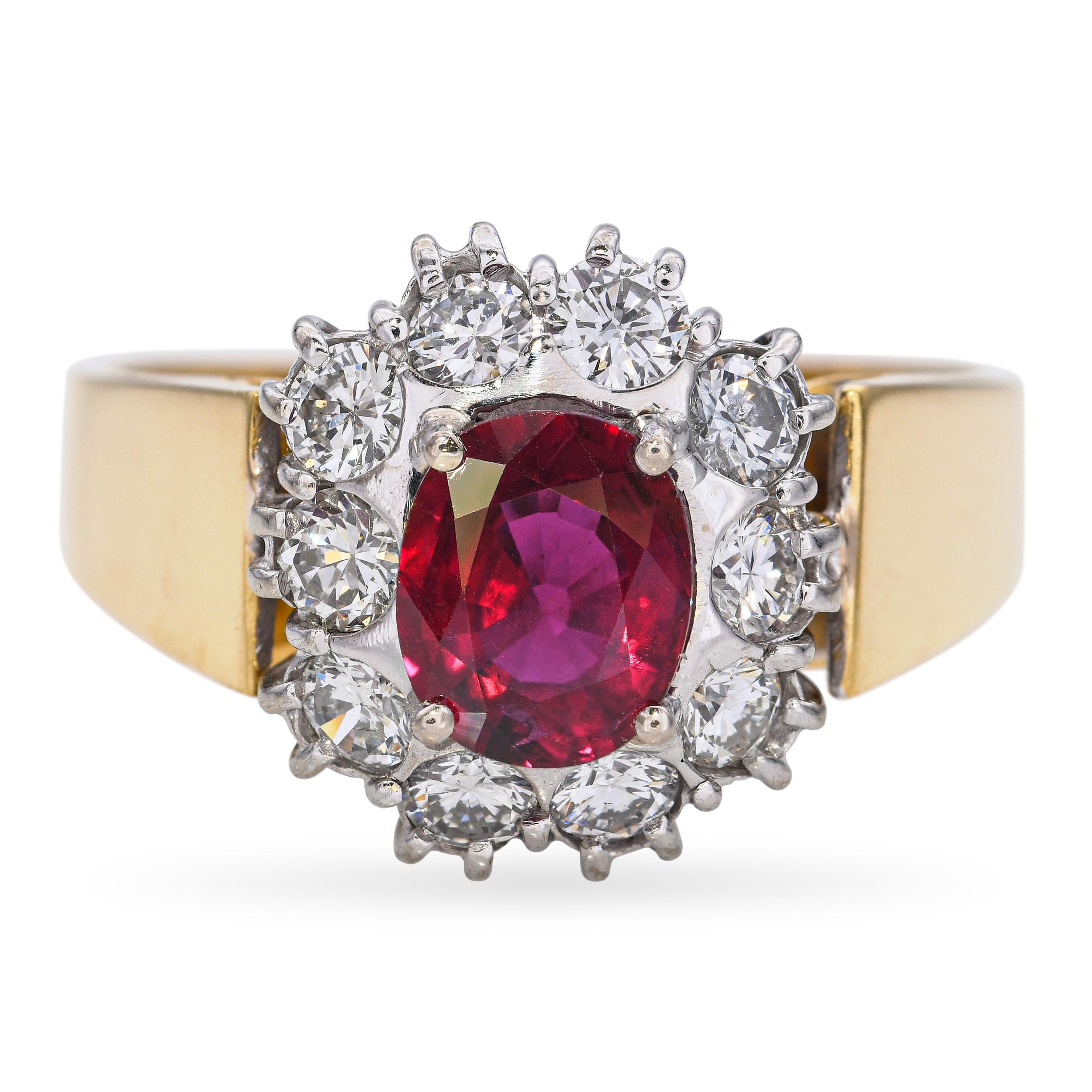 Vintage 18k Yellow Gold 0.74ct Ruby and 0.60tcw Diamond Halo Ring