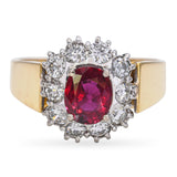 Vintage 18k Yellow Gold 0.74ct Ruby and 0.60tcw Diamond Halo Ring