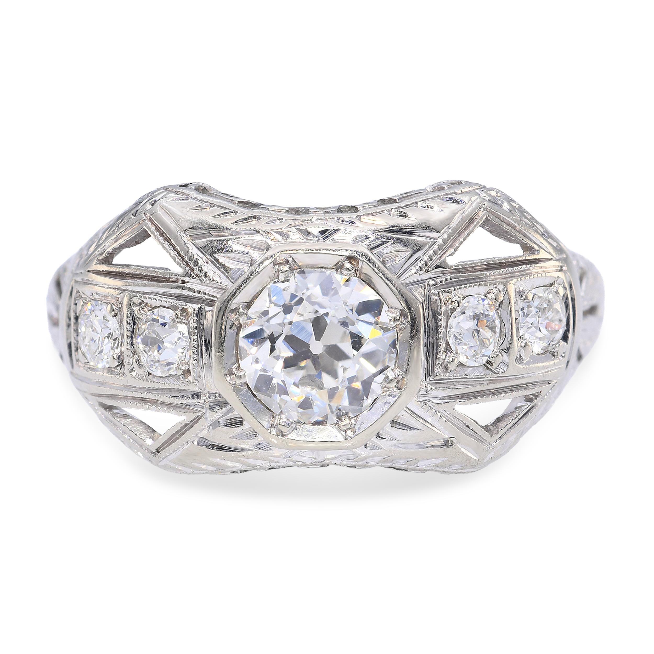 Antique Barth 18k White Gold 0.57tcw Old Euro Diamond Openwork Ring