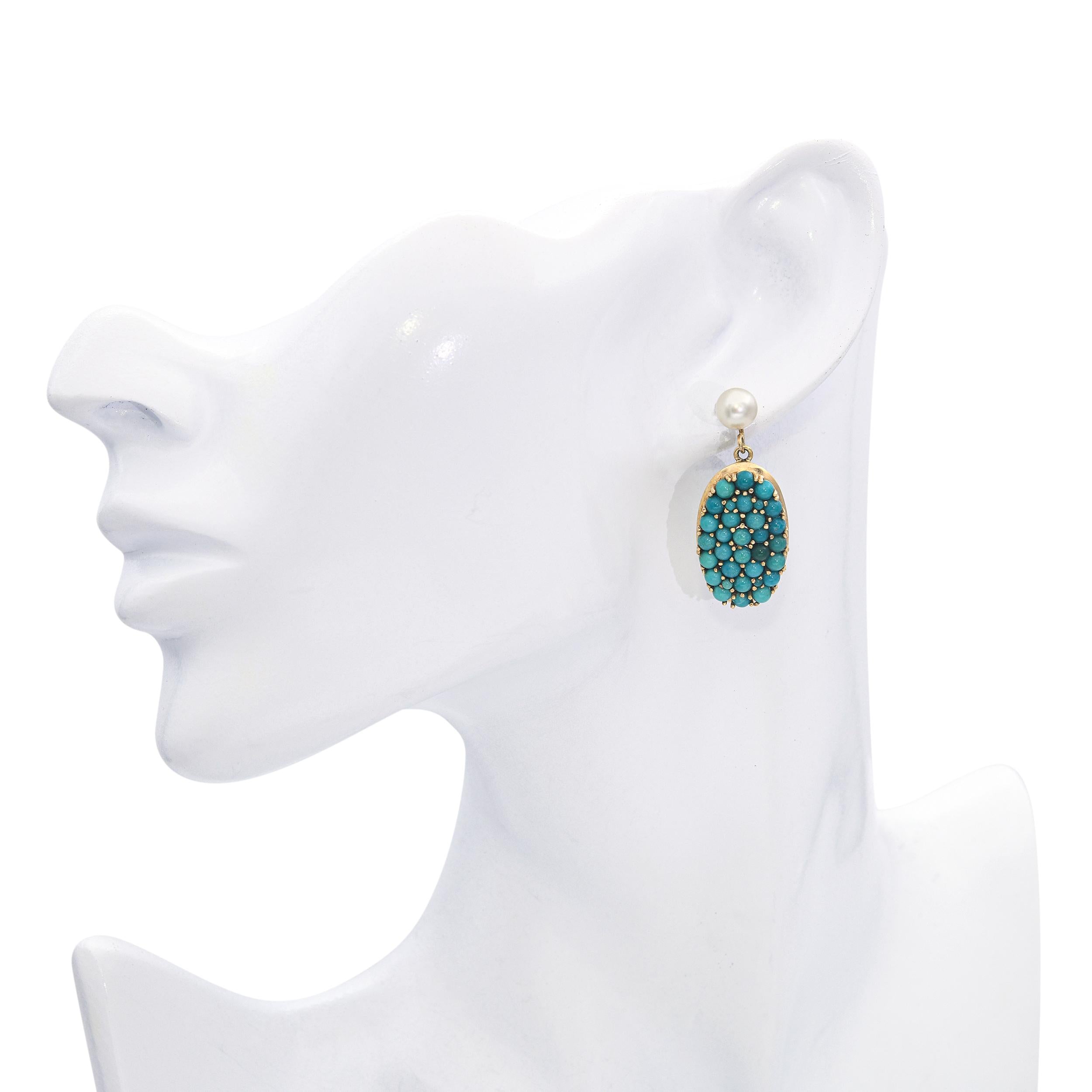 Vintage 14k Yellow Gold Turquoise and Pearl Drop Earrings