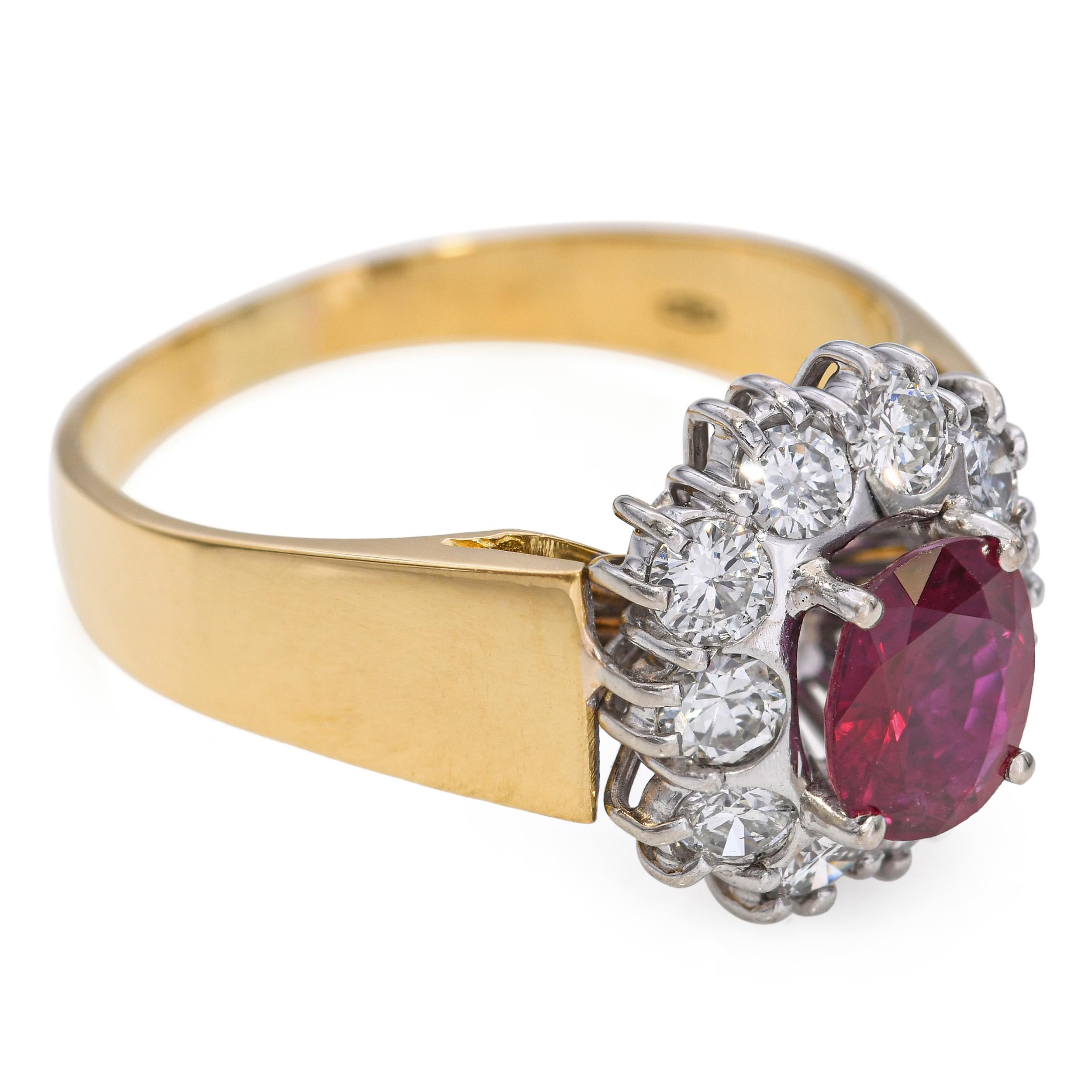 Vintage 18k Yellow Gold 0.74ct Ruby and 0.60tcw Diamond Halo Ring