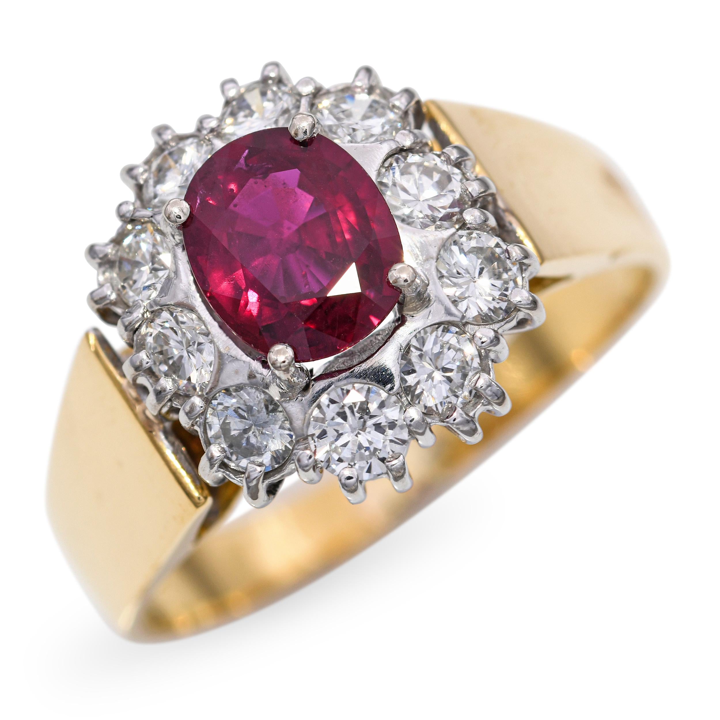 Vintage 18k Yellow Gold 0.74ct Ruby and 0.60tcw Diamond Halo Ring