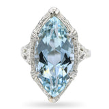 Vintage 18k White Gold Marquise Aquamarine Filigree Ring