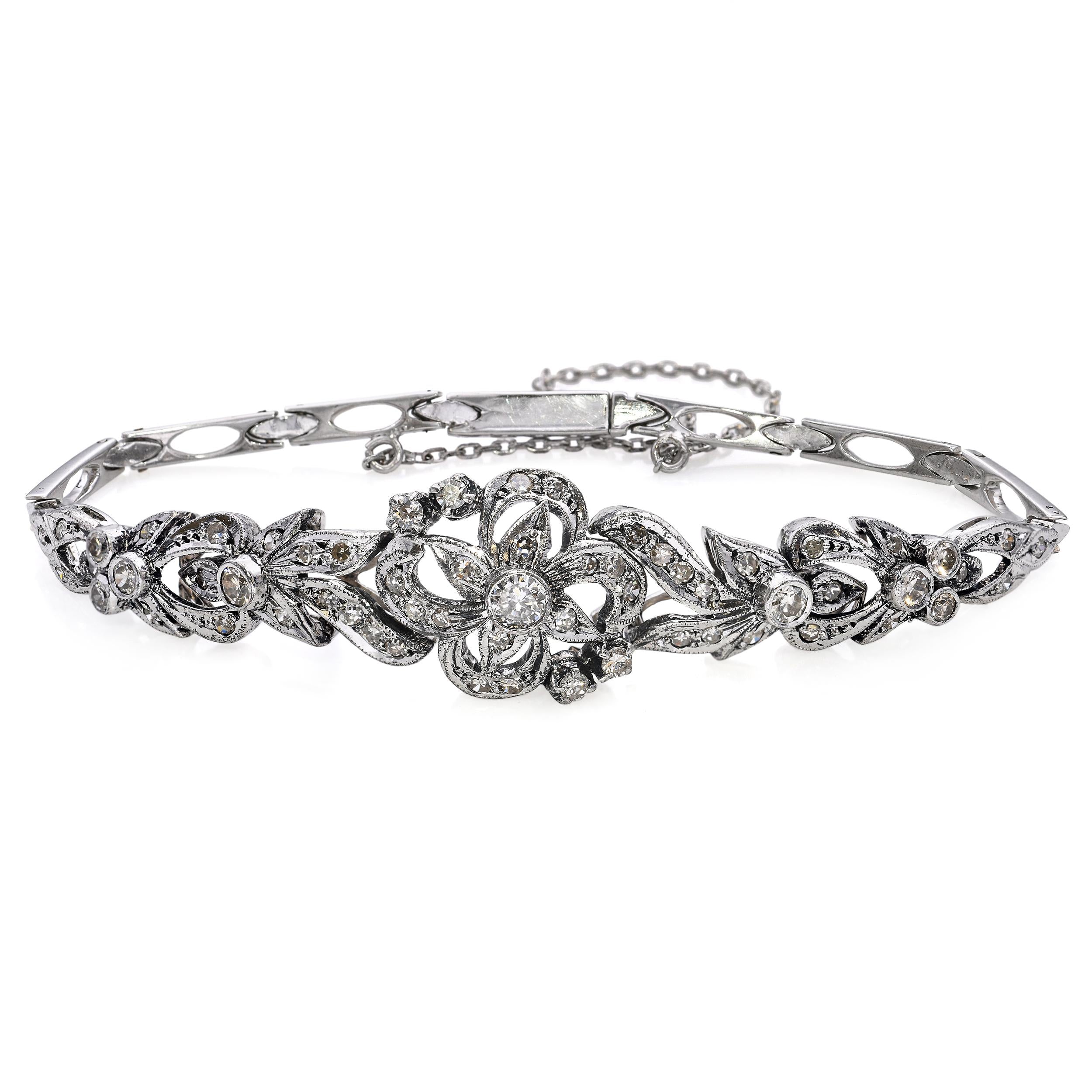 Vintage 10k White Gold Diamond Floral Motif Bracelet
