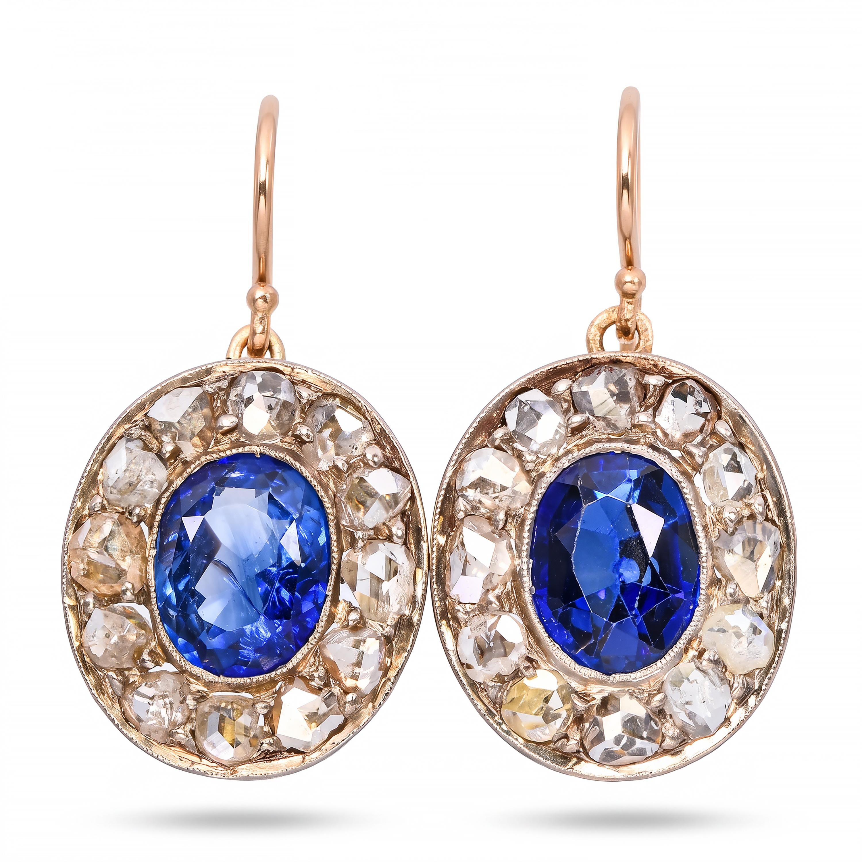 Antique Silver Topped Yellow Gold Syn Sapphire and Rose Cut Diamond Earrings