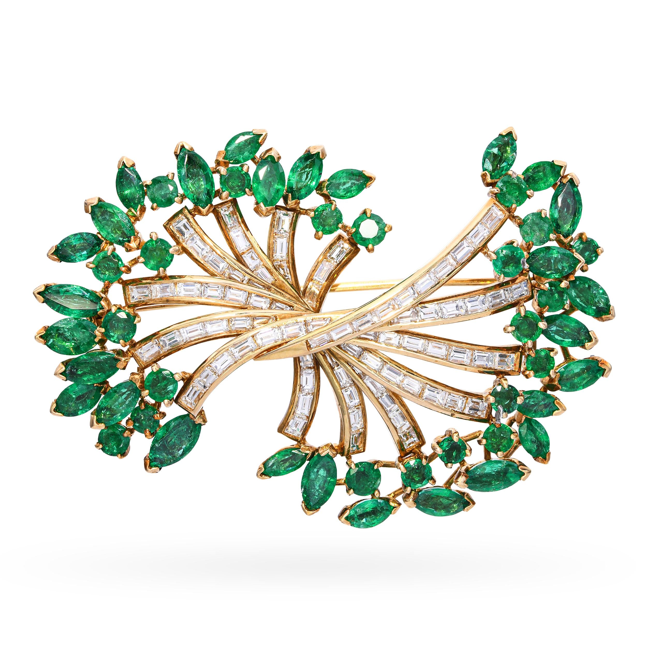 Vintage 18k Yellow Gold Emerald and Diamond Foliage Brooch