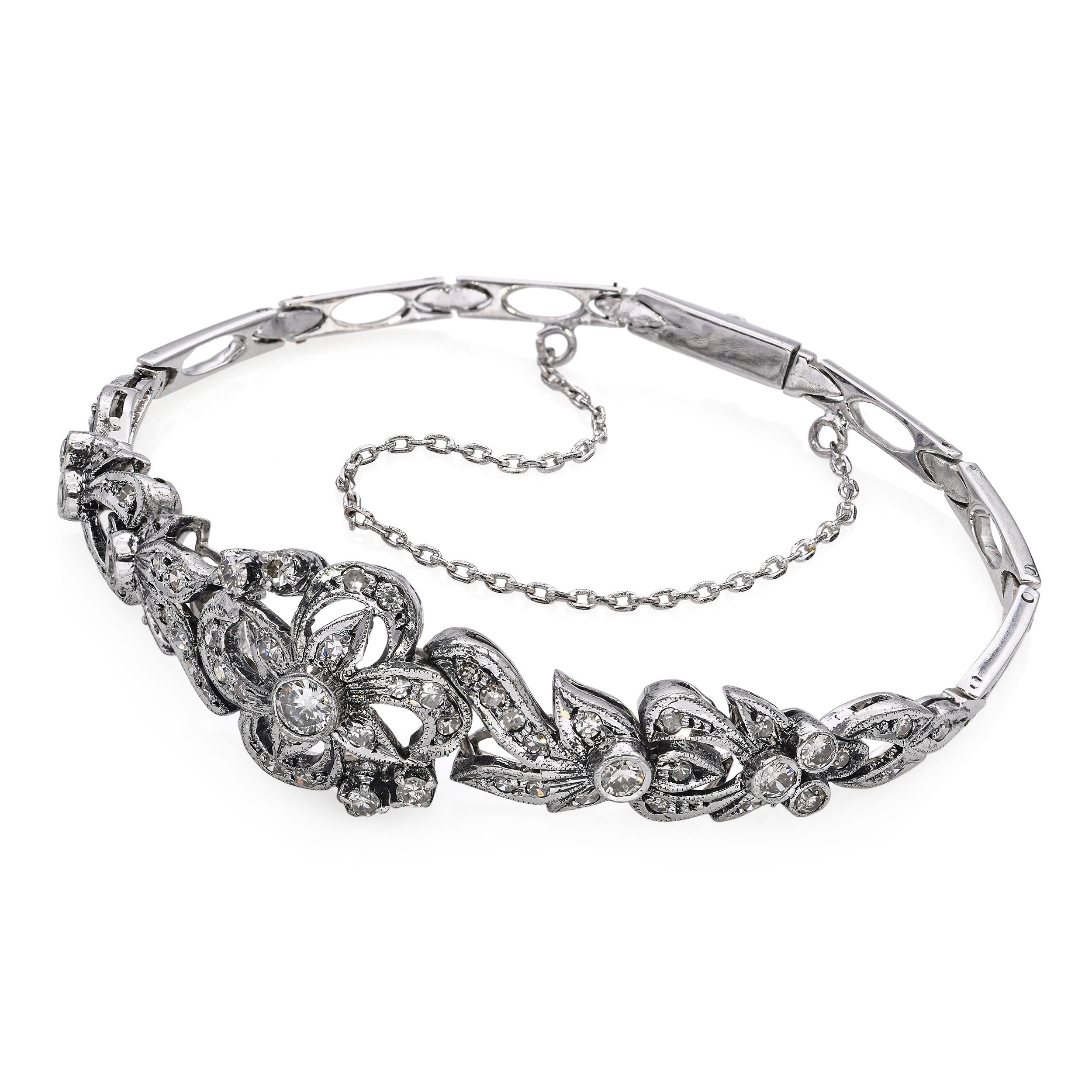 Vintage 10k White Gold Diamond Floral Motif Bracelet