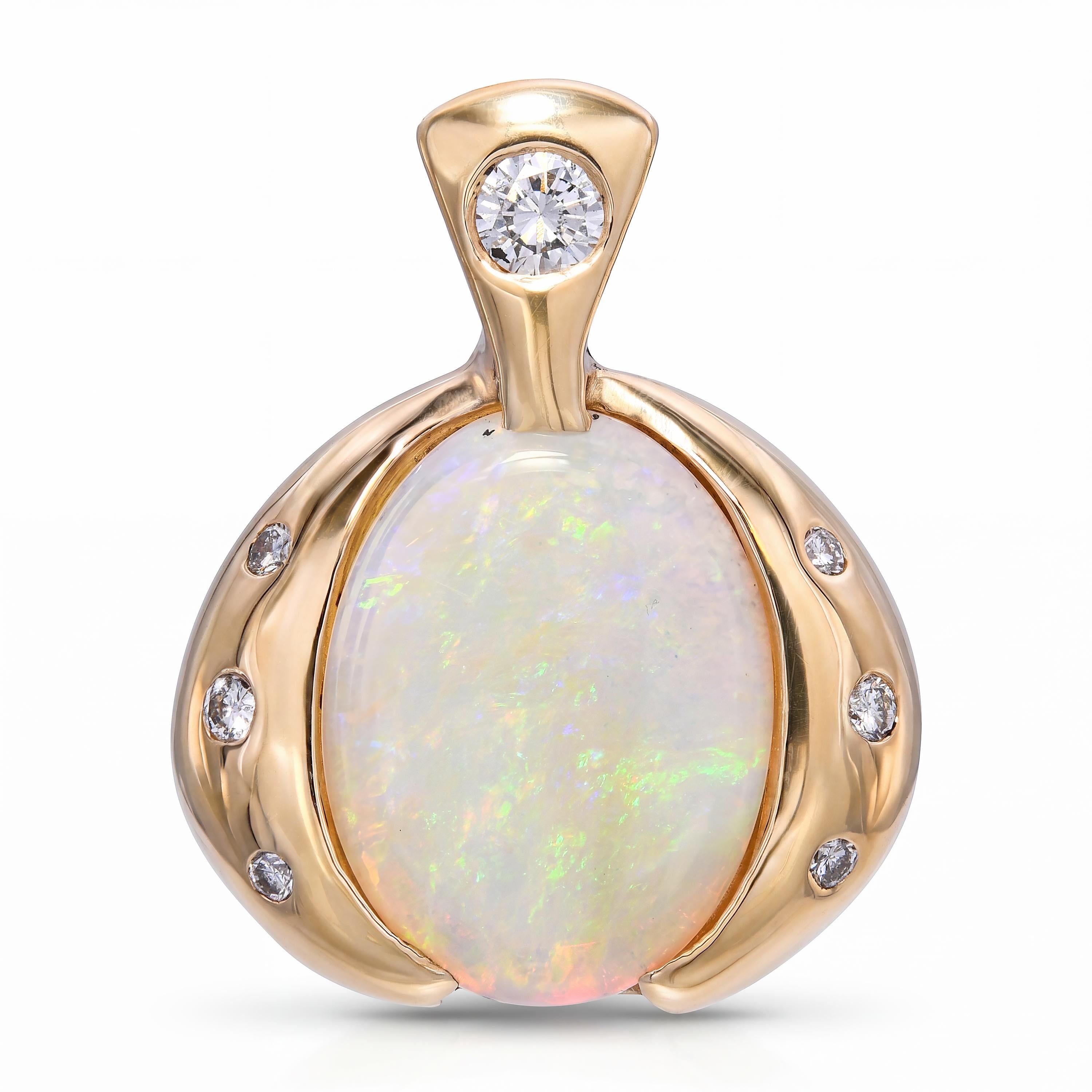 Vintage 14k Yellow Gold Australian Opal & Diamond Pendant