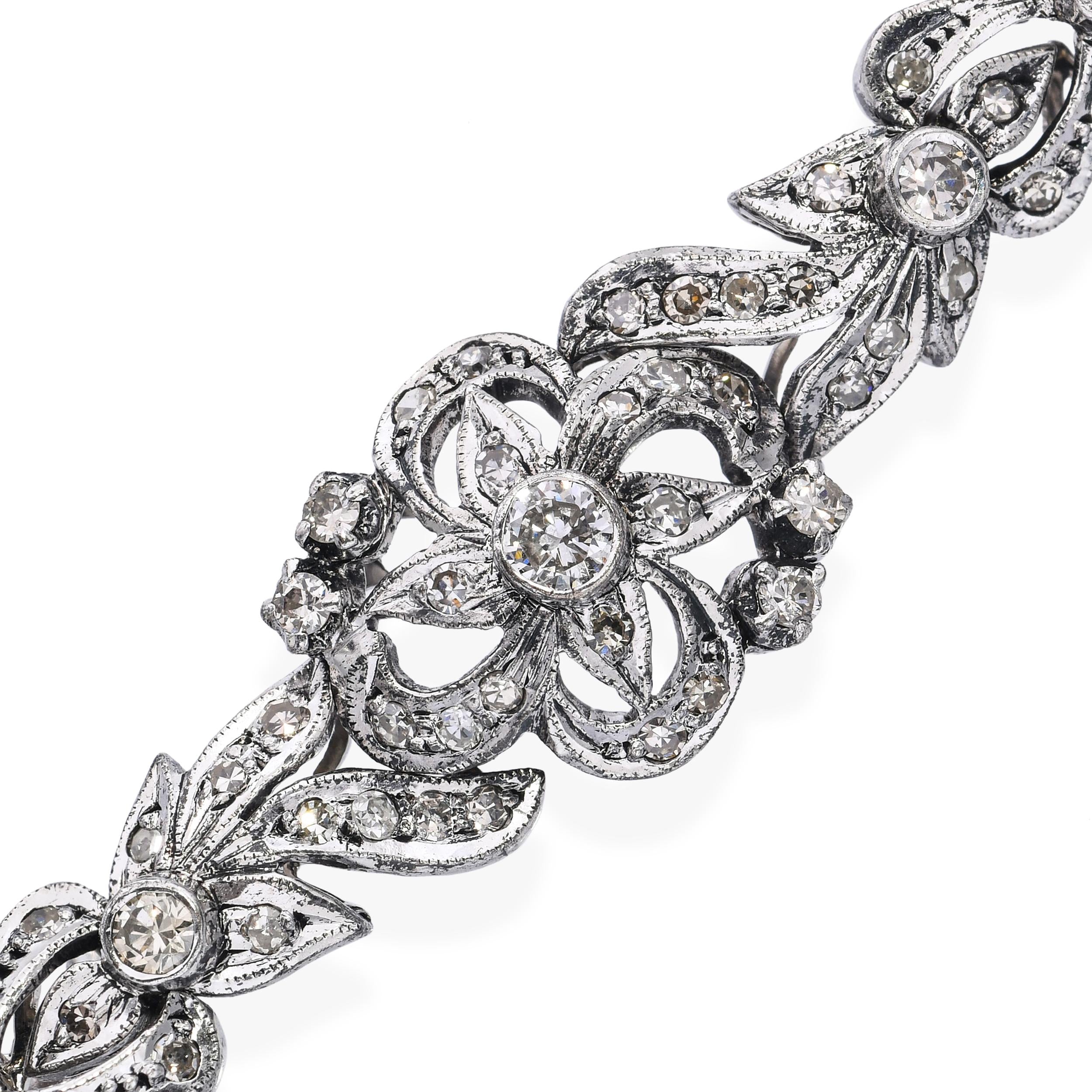 Vintage 10k White Gold Diamond Floral Motif Bracelet