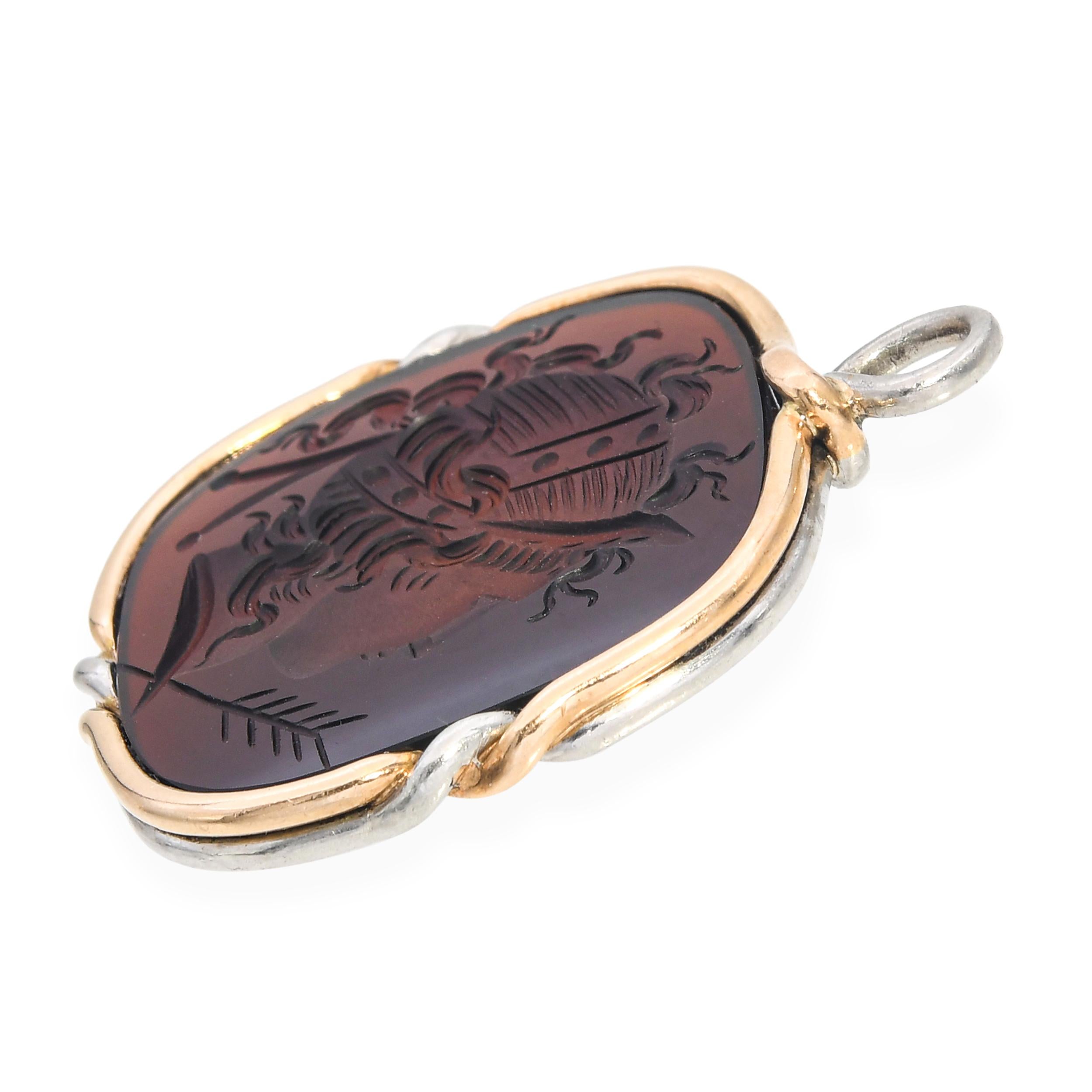 Vintage 9k Rose Gold and Platinum Wire Wrapped Sardonyx Intaglio Pendant
