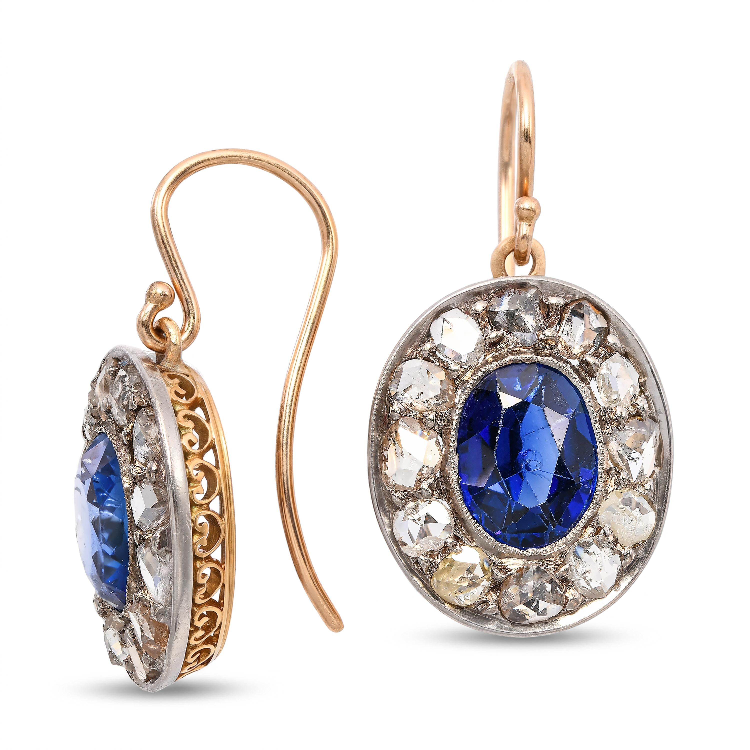 Antique Silver Topped Yellow Gold Syn Sapphire and Rose Cut Diamond Earrings