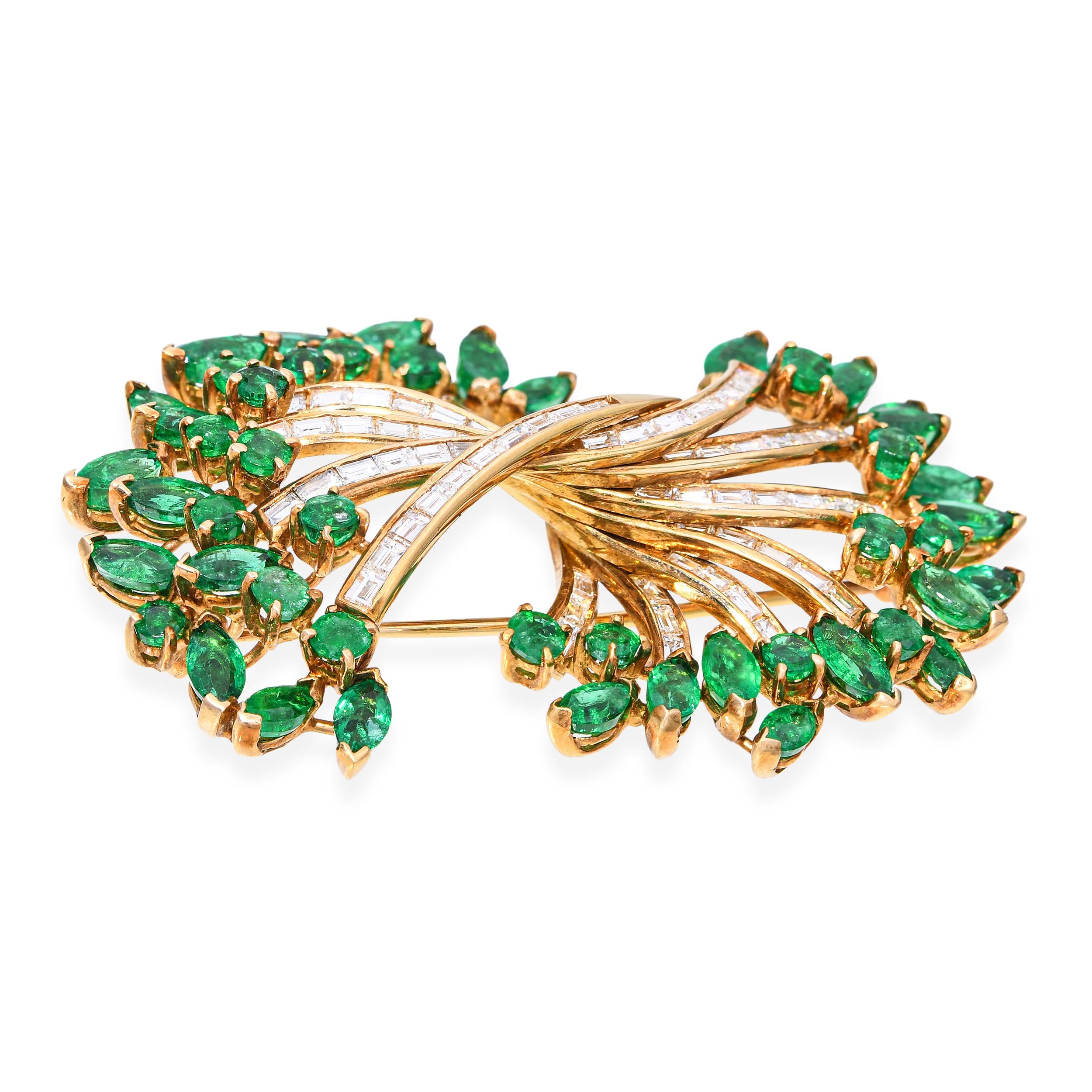 Vintage 18k Yellow Gold Emerald and Diamond Foliage Brooch