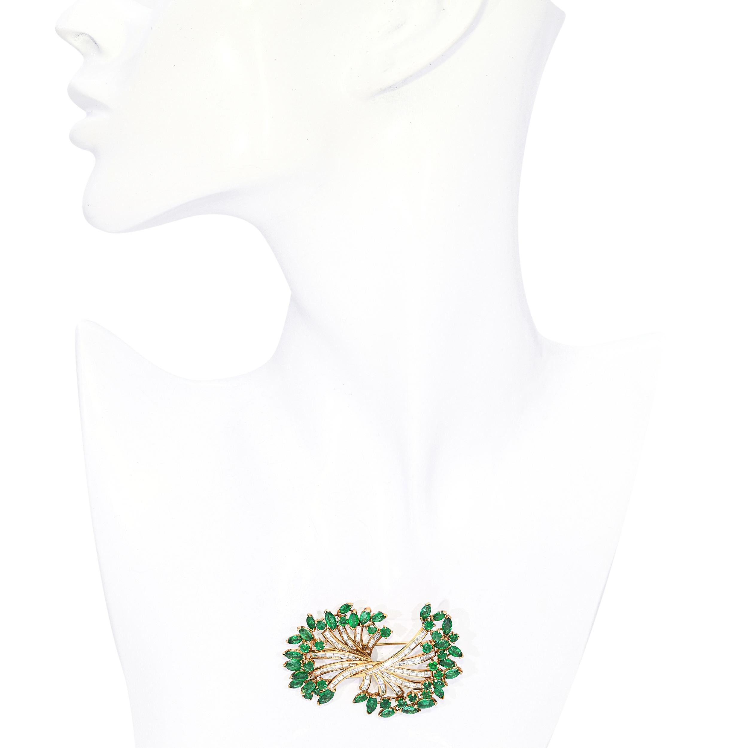 Vintage 18k Yellow Gold Emerald and Diamond Foliage Brooch
