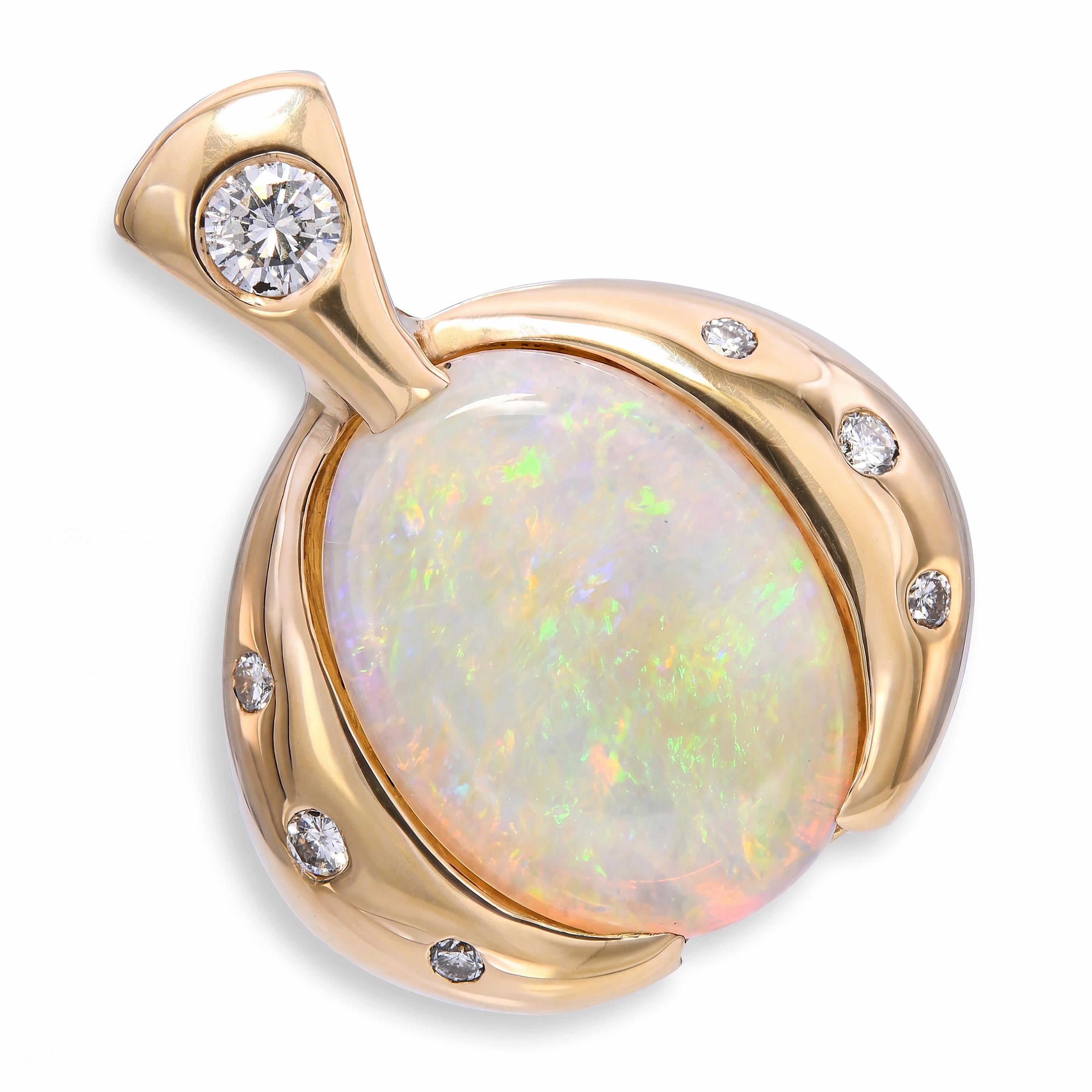 Vintage 14k Yellow Gold Australian Opal & Diamond Pendant