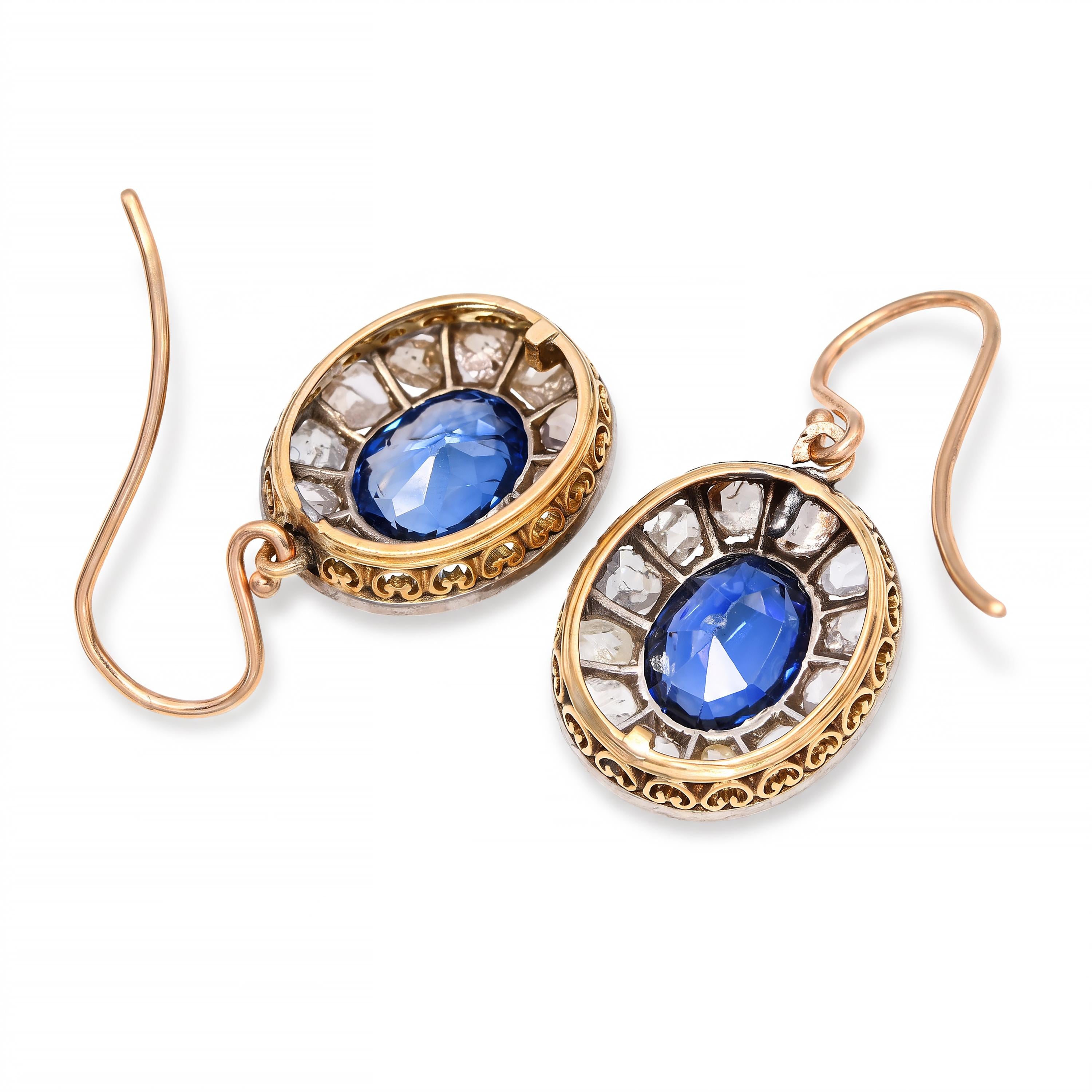 Antique Silver Topped Yellow Gold Syn Sapphire and Rose Cut Diamond Earrings