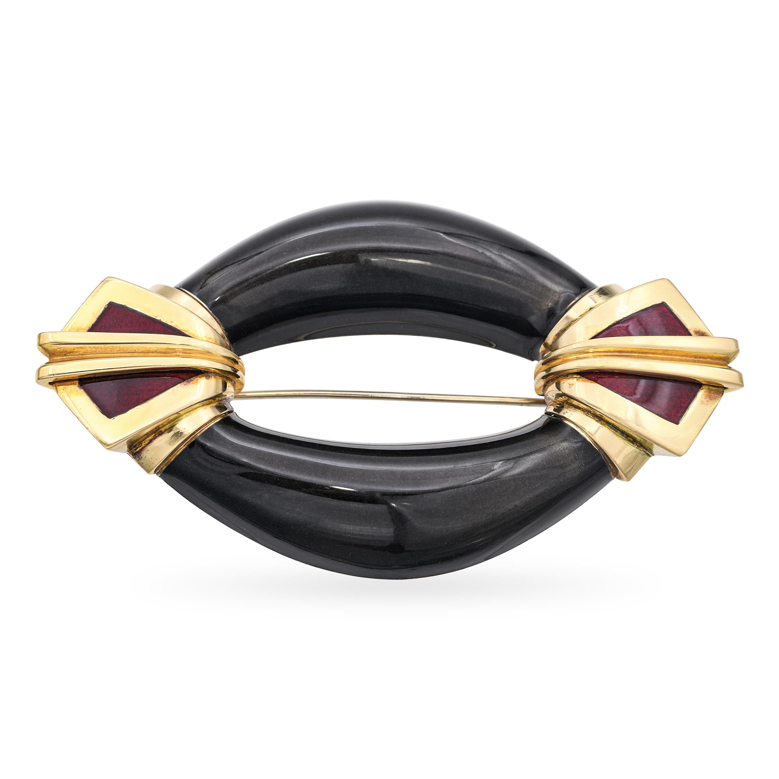 Vintage La Nouvelle Bague 18k Yellow Gold Enameled Brooch