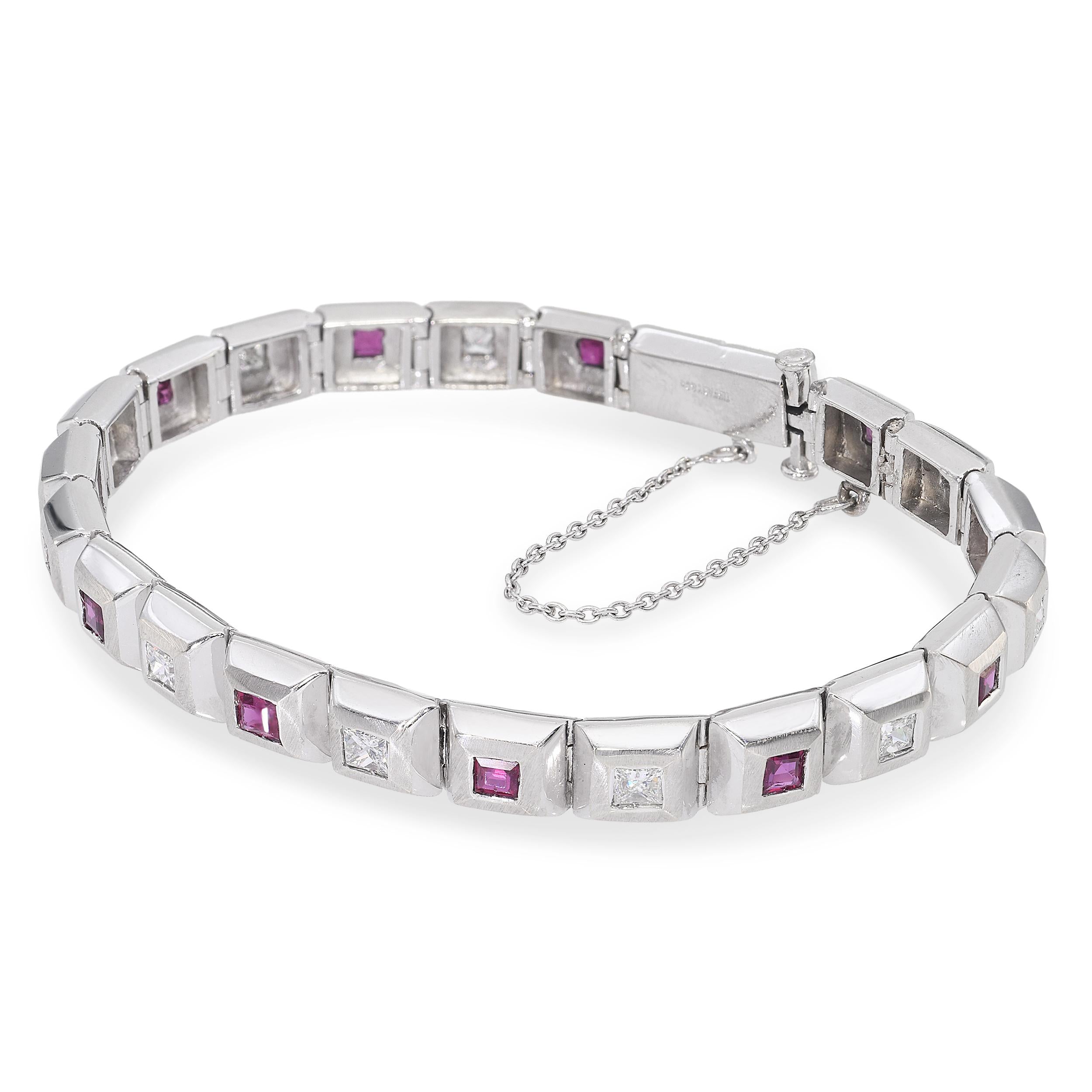 Vintage Tiffany & Co. 18k White Gold Diamond and Ruby Bezel Set Link Bracelet