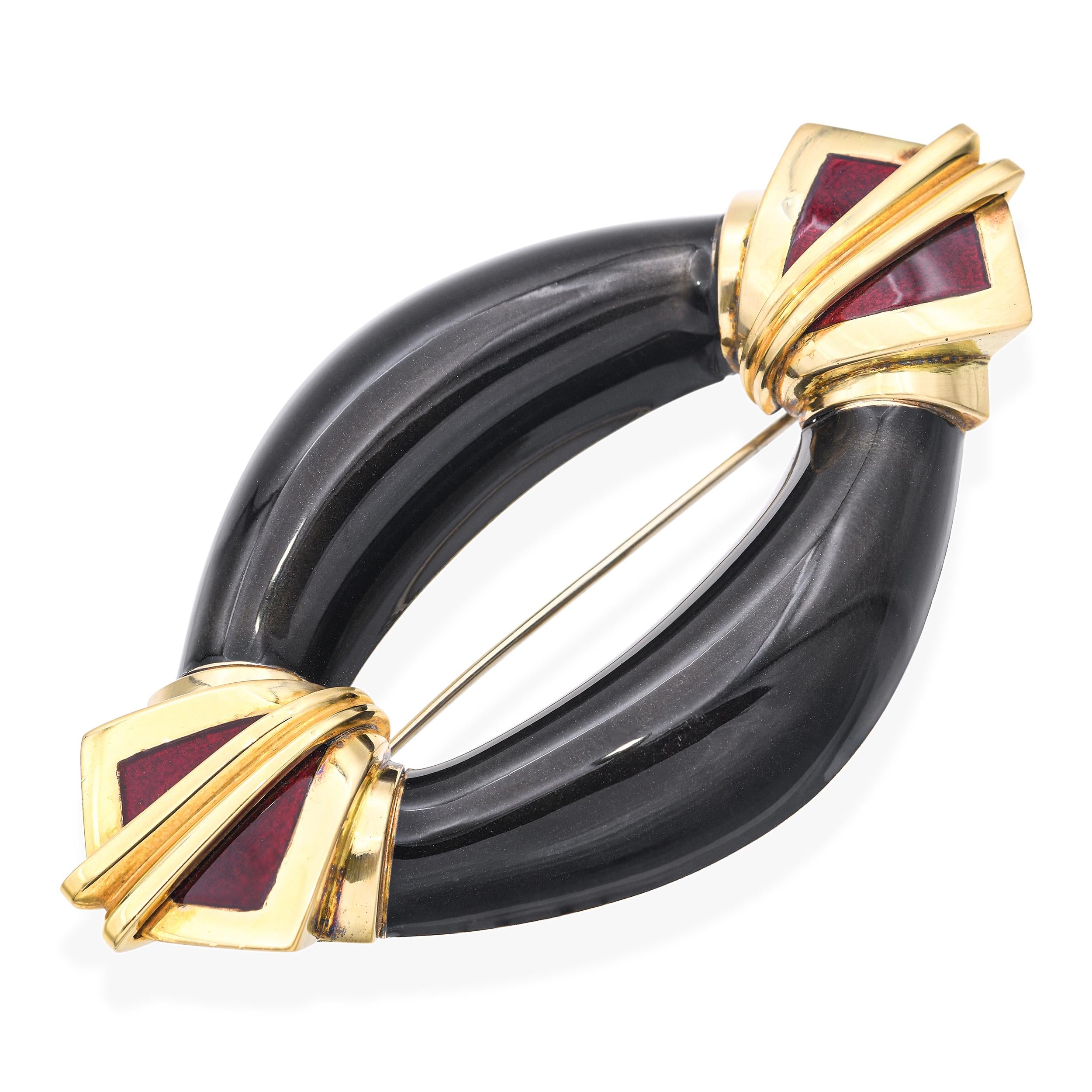 Vintage La Nouvelle Bague 18k Yellow Gold Enameled Brooch
