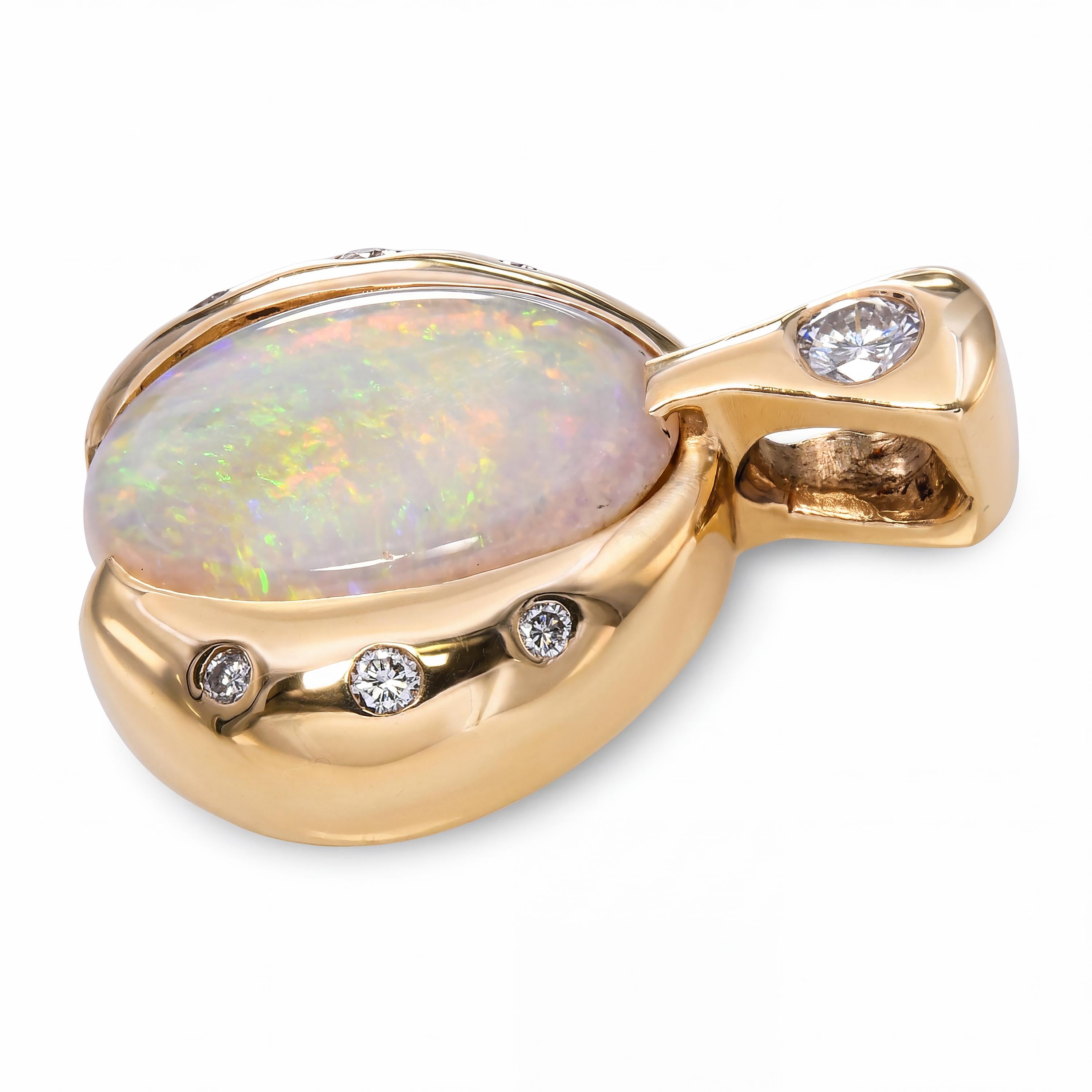 Vintage 14k Yellow Gold Australian Opal & Diamond Pendant
