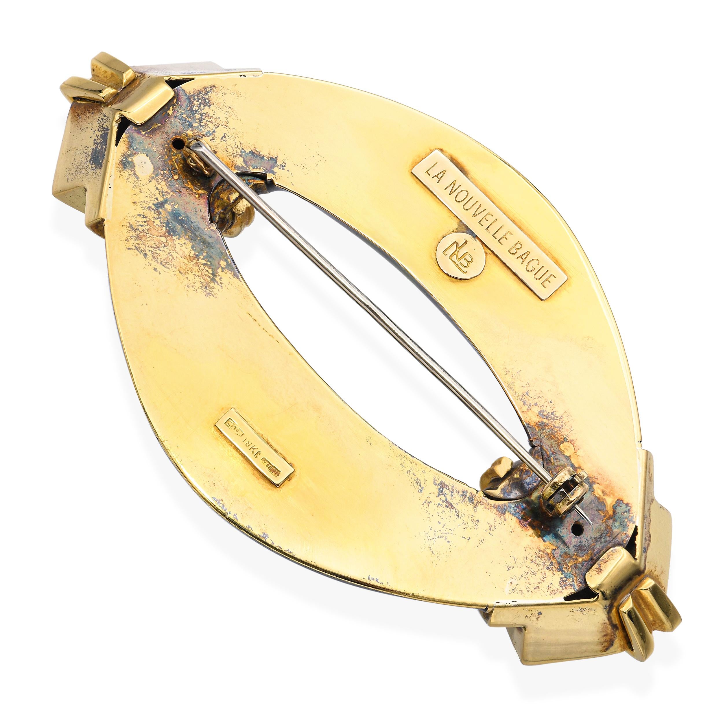 Vintage La Nouvelle Bague 18k Yellow Gold Enameled Brooch