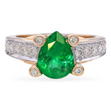 Vintage 18k Yellow Gold Pear Shaped Emerald and Diamond Ring