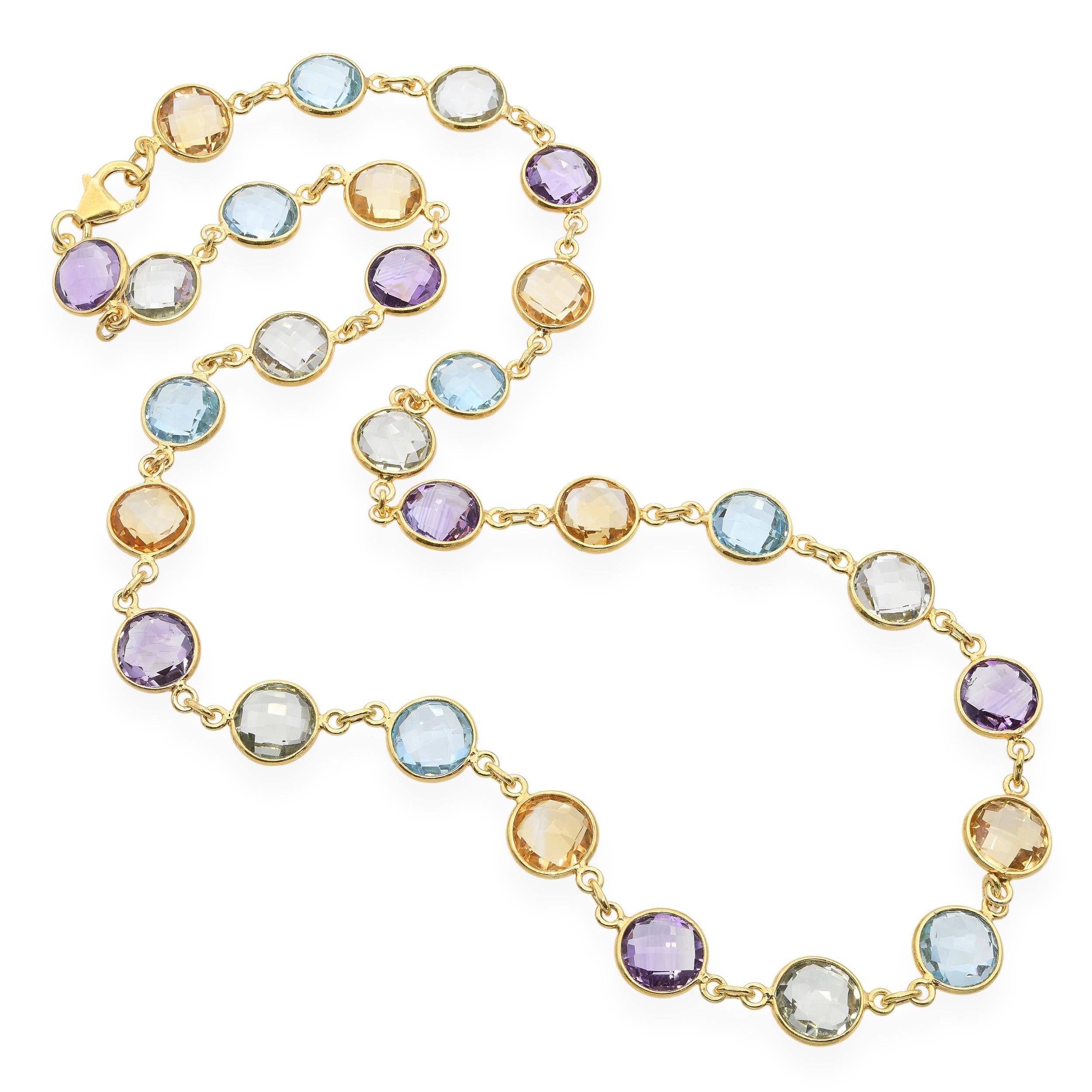 Vermeil Sterling Silver Aquamarine Citrine and Amethyst Station Necklace