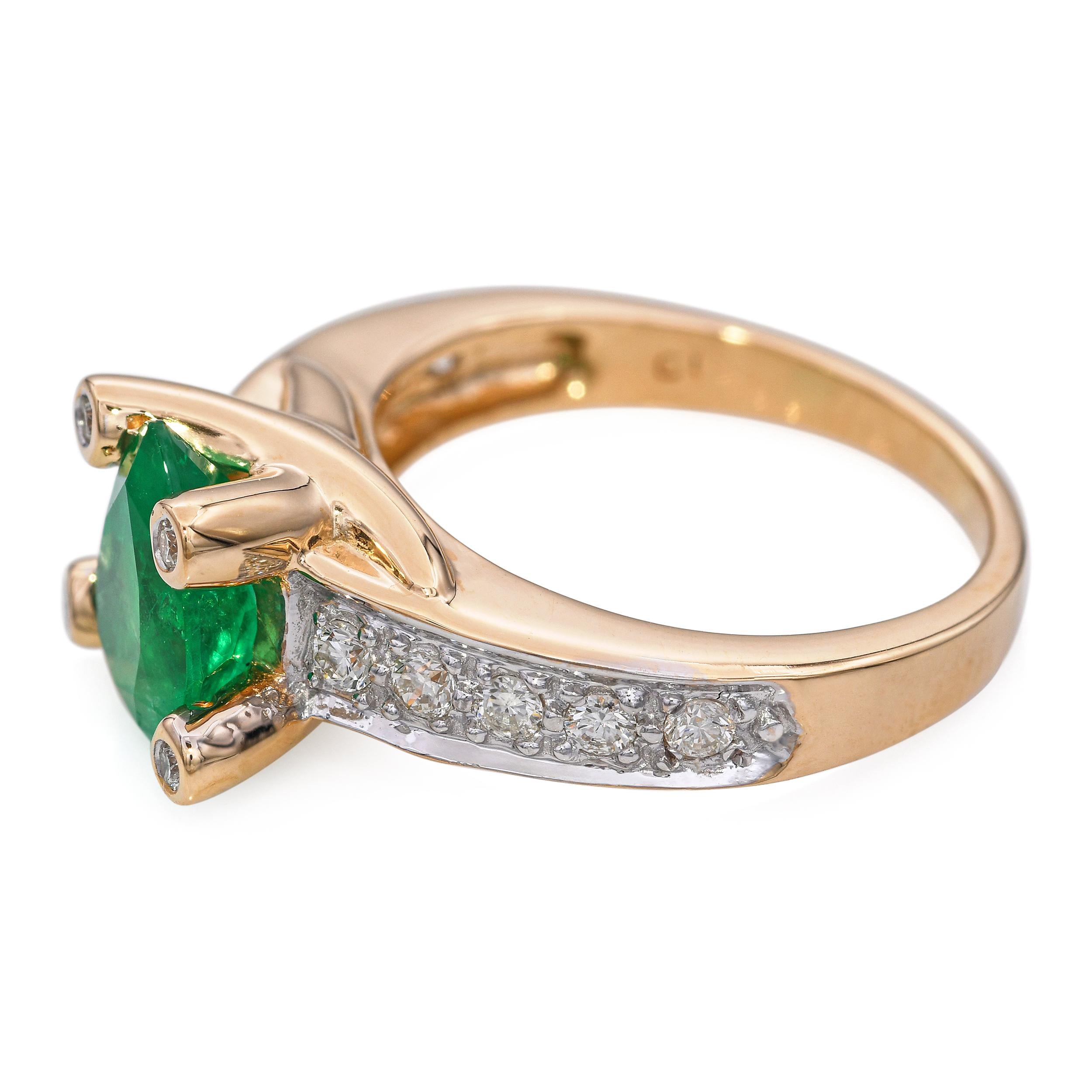 Vintage 18k Yellow Gold Pear Shaped Emerald and Diamond Ring