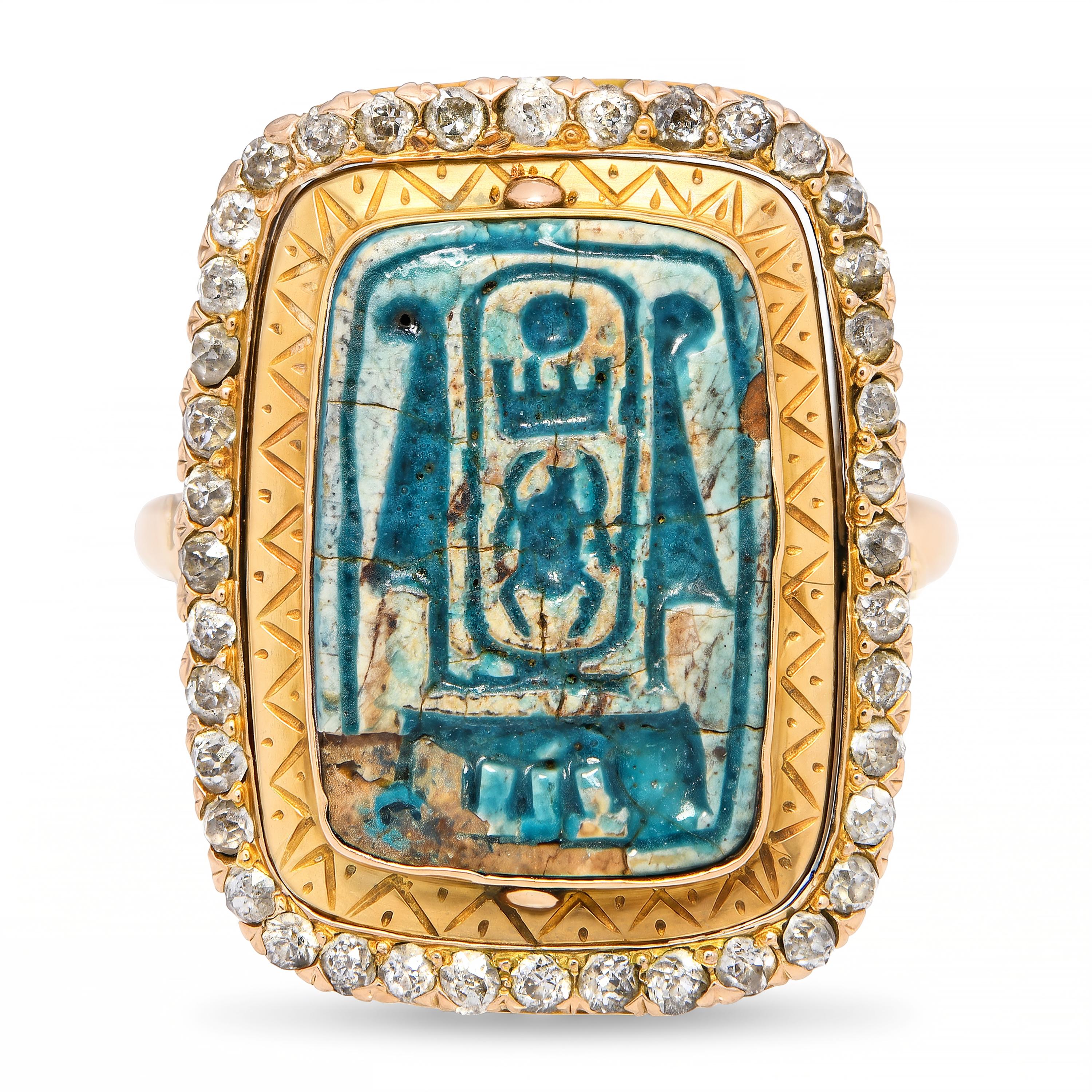 Antique Egyptian Revival 15k Yellow Gold Faience and Old Cut Diamond Flip Ring