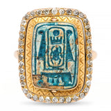 Antique Egyptian Revival 15k Yellow Gold Faience and Old Cut Diamond Flip Ring