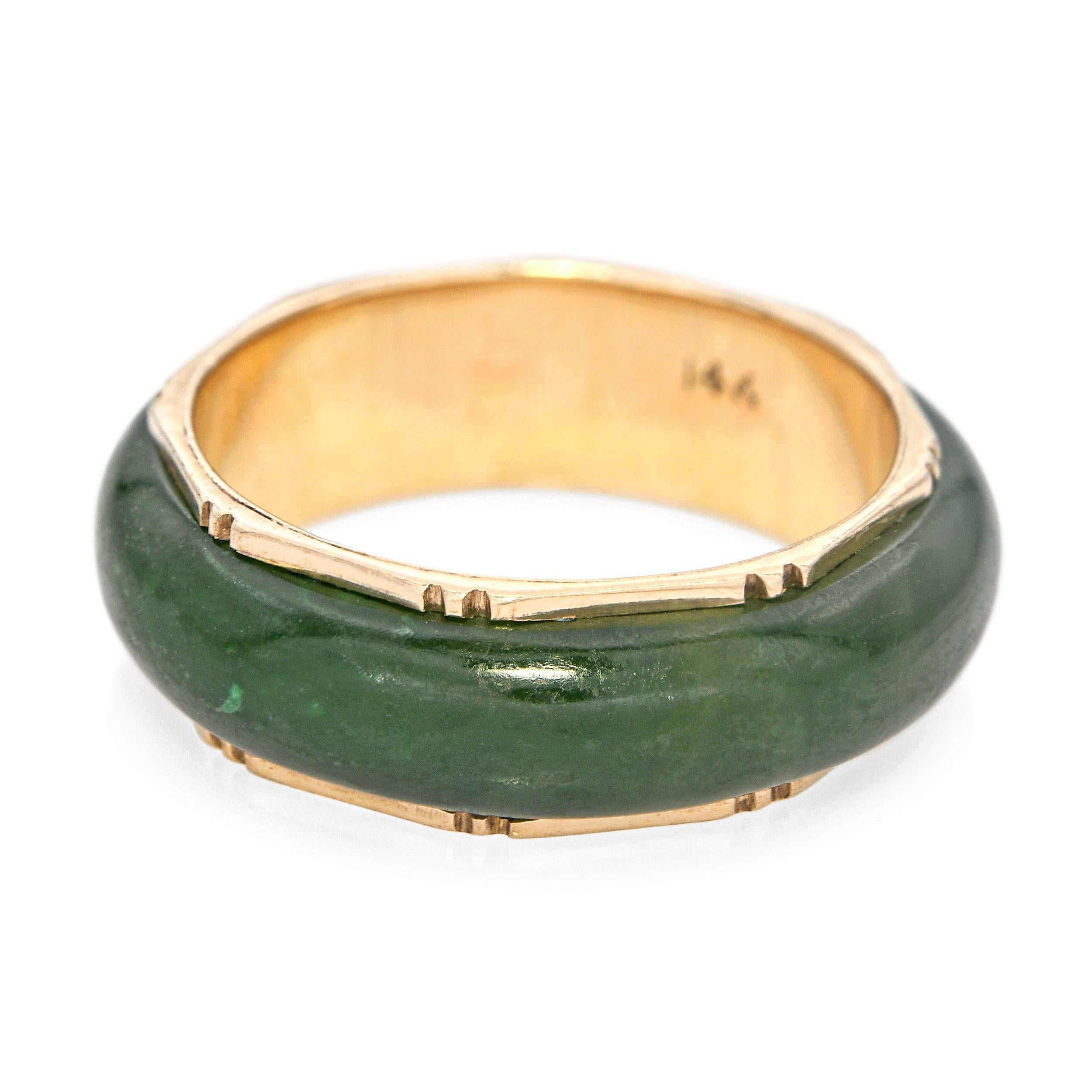 Vintage Yellow Gold Green Jade Bamboo Edge Motif Ring