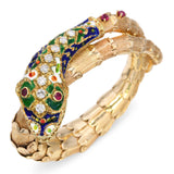 Vintage 14k Yellow Gold Serpent Diamond and Ruby Enamel Bracelet