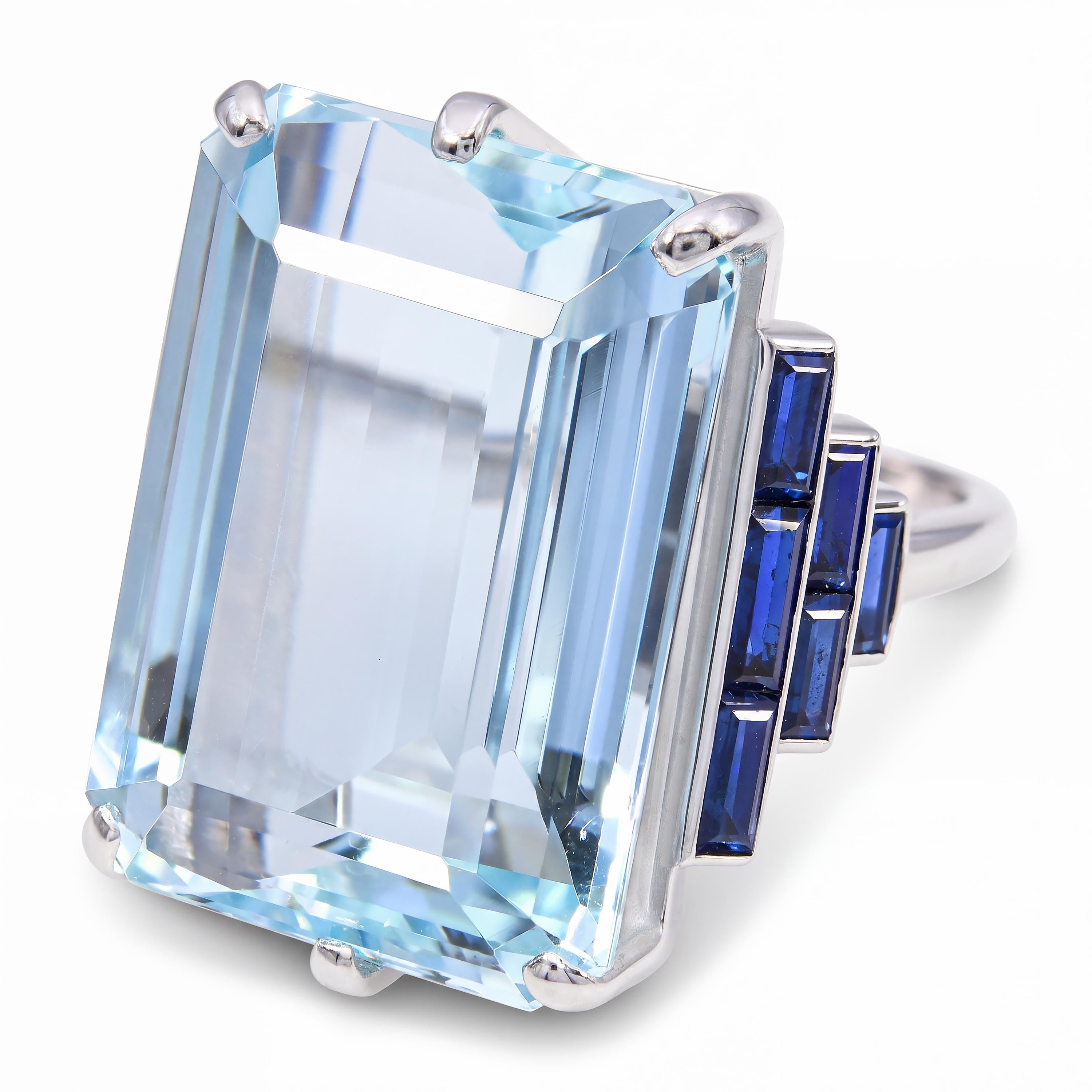 Vintage Retro Platinum 27ct Aquamarine and Sapphire Cocktail Ring