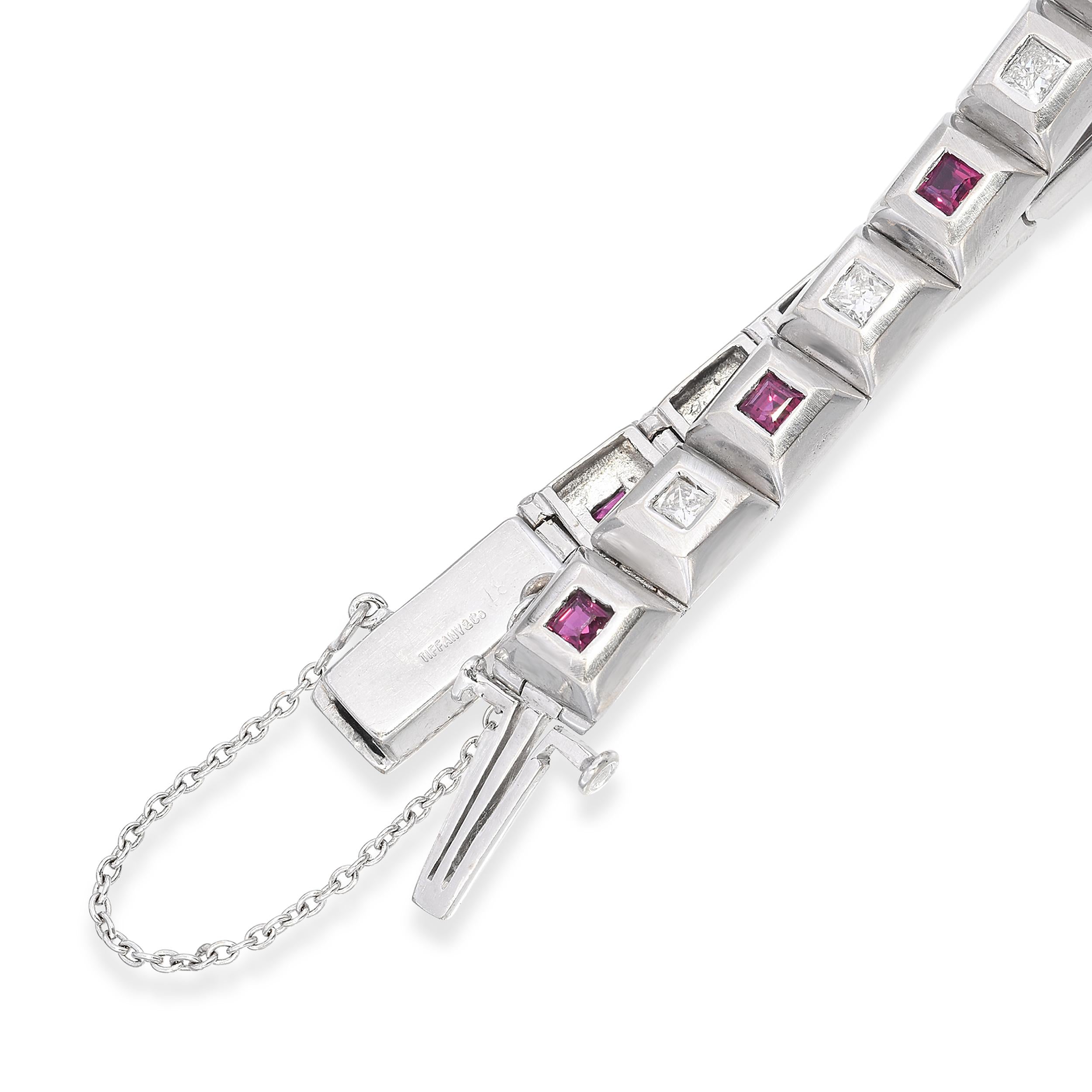 Vintage Tiffany & Co. 18k White Gold Diamond and Ruby Bezel Set Link Bracelet