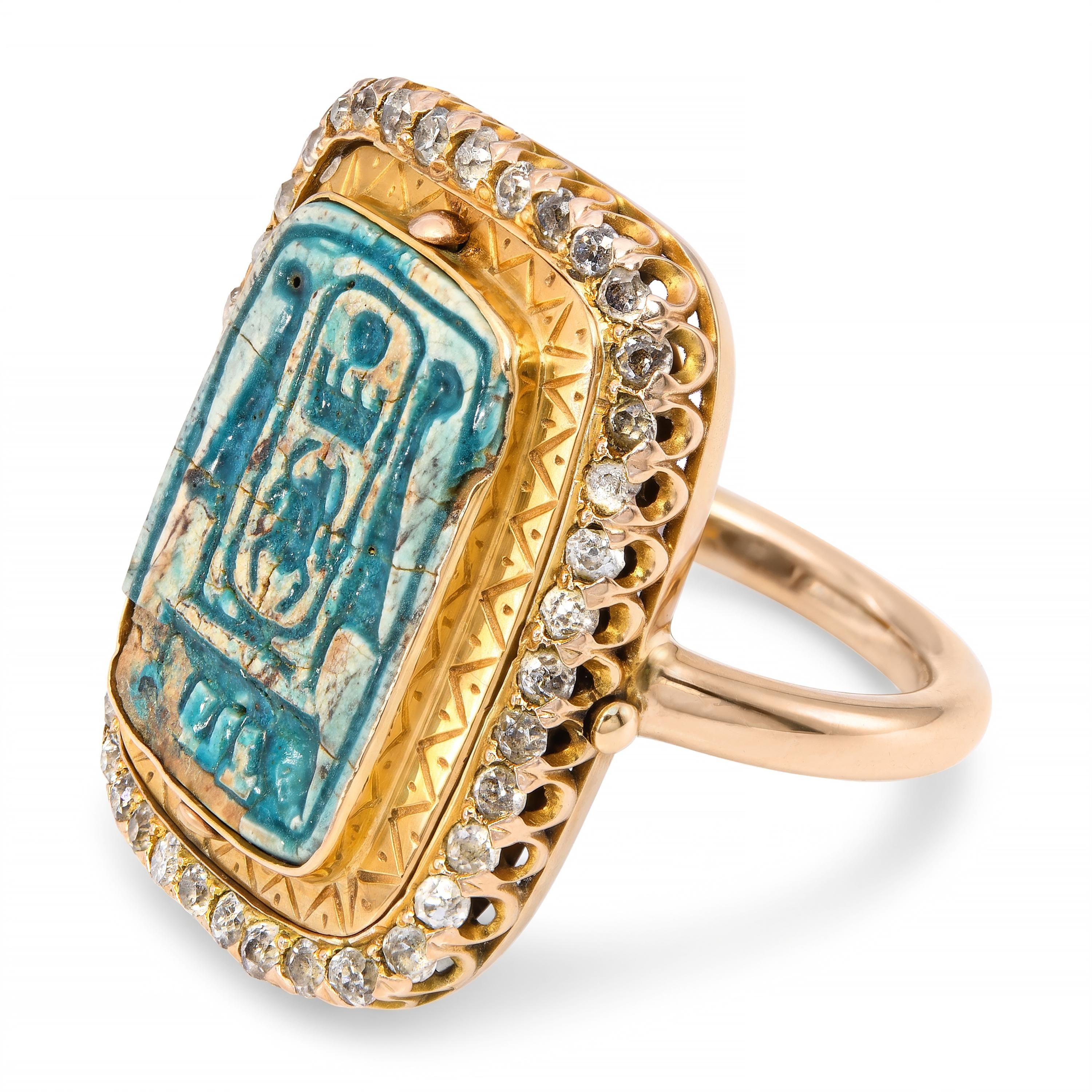 Antique Egyptian Revival 15k Yellow Gold Faience and Old Cut Diamond Flip Ring
