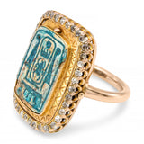 Antique Egyptian Revival 15k Yellow Gold Faience and Old Cut Diamond Flip Ring
