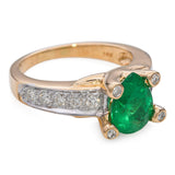 Vintage 18k Yellow Gold Pear Shaped Emerald and Diamond Ring