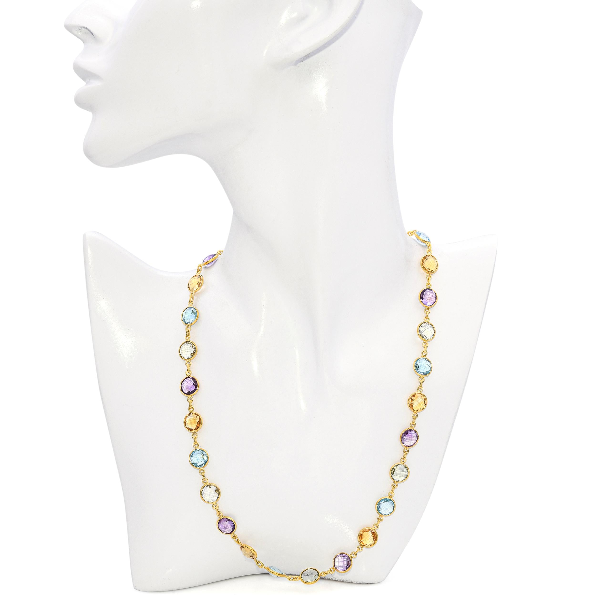 Vermeil Sterling Silver Aquamarine Citrine and Amethyst Station Necklace