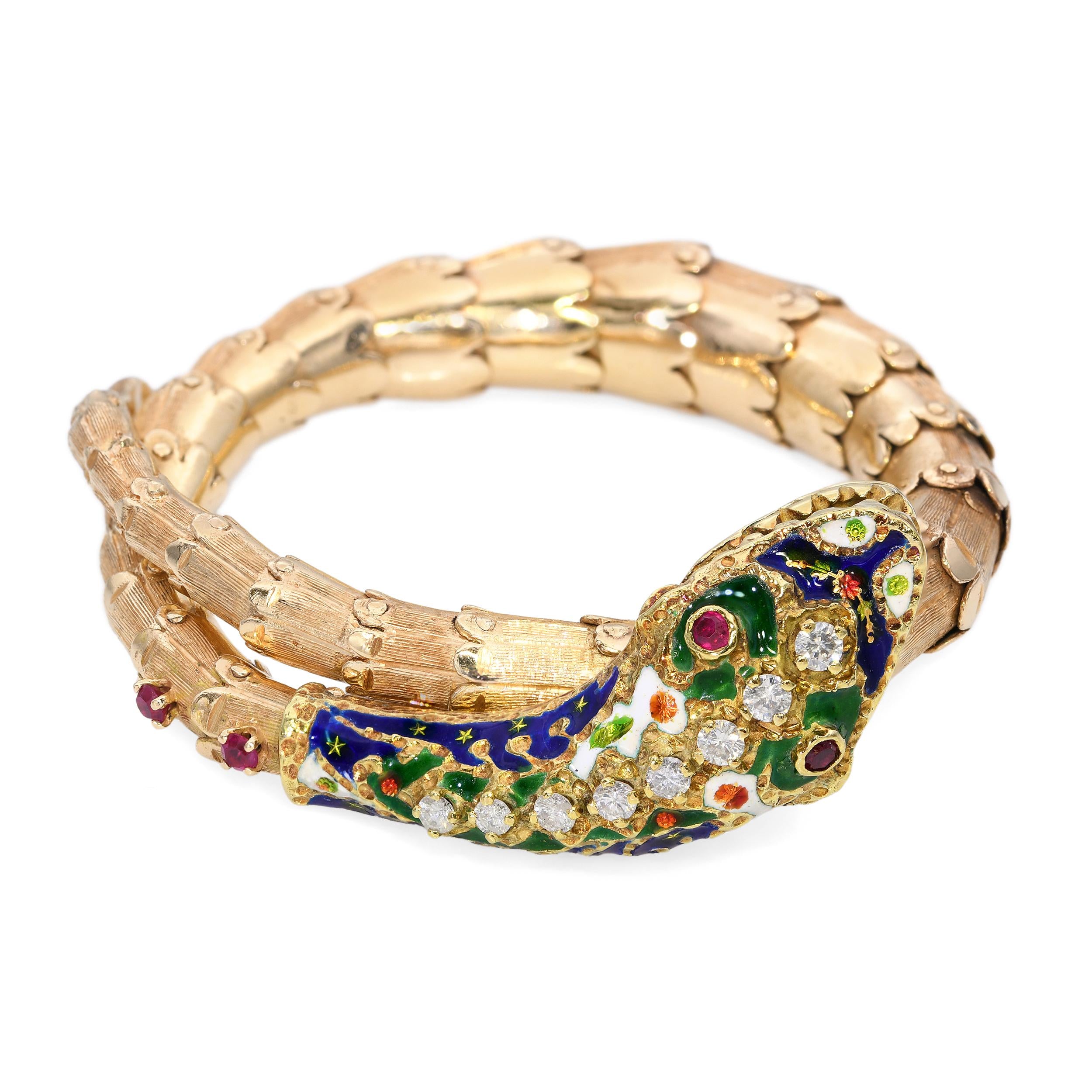 Vintage 14k Yellow Gold Serpent Diamond and Ruby Enamel Bracelet